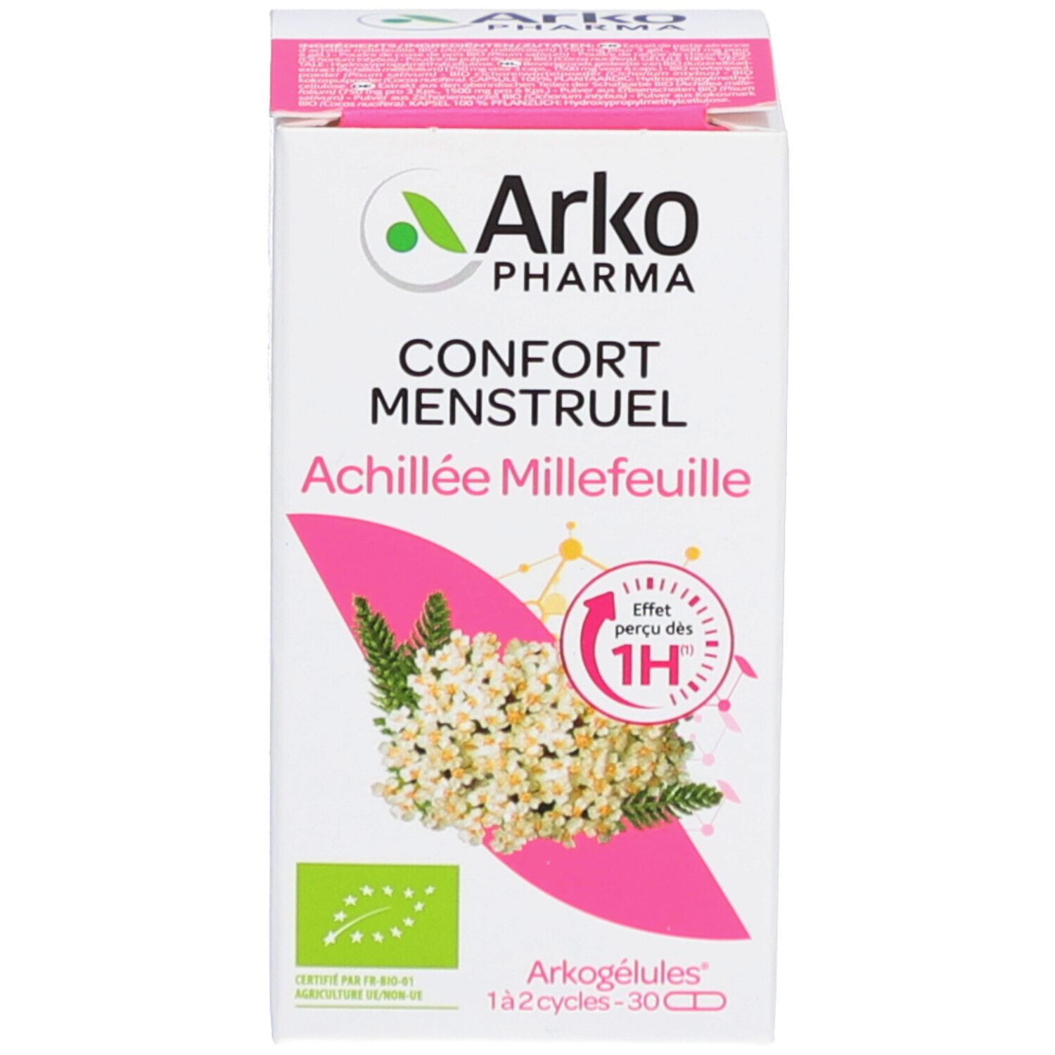 Emballage blanc avec accents roses. Inscriptions: Arkopharma, Confort Menstruel, Achillée Millefeuille. 30 gélules.