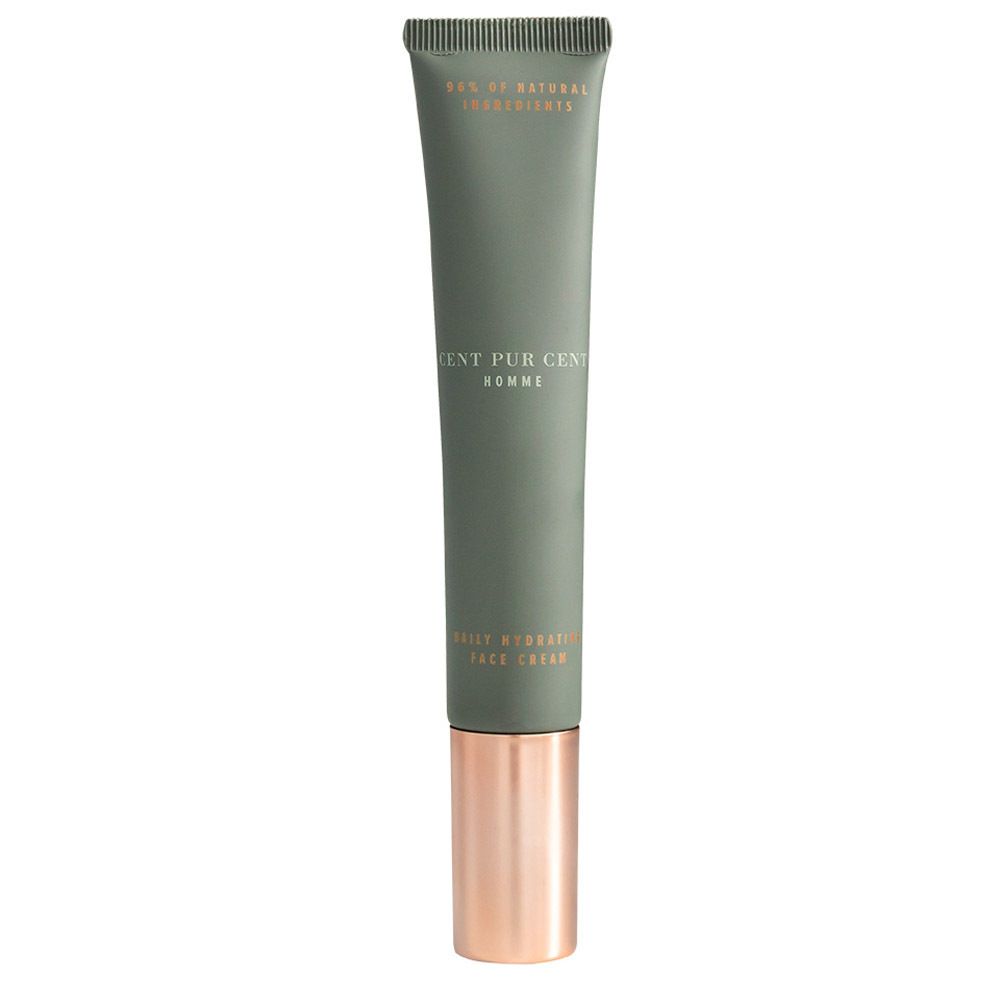 Groene tube met roségouden basis. Opschrift: CENT PUR CENT HOMME. Productnaam en ingrediënten.
