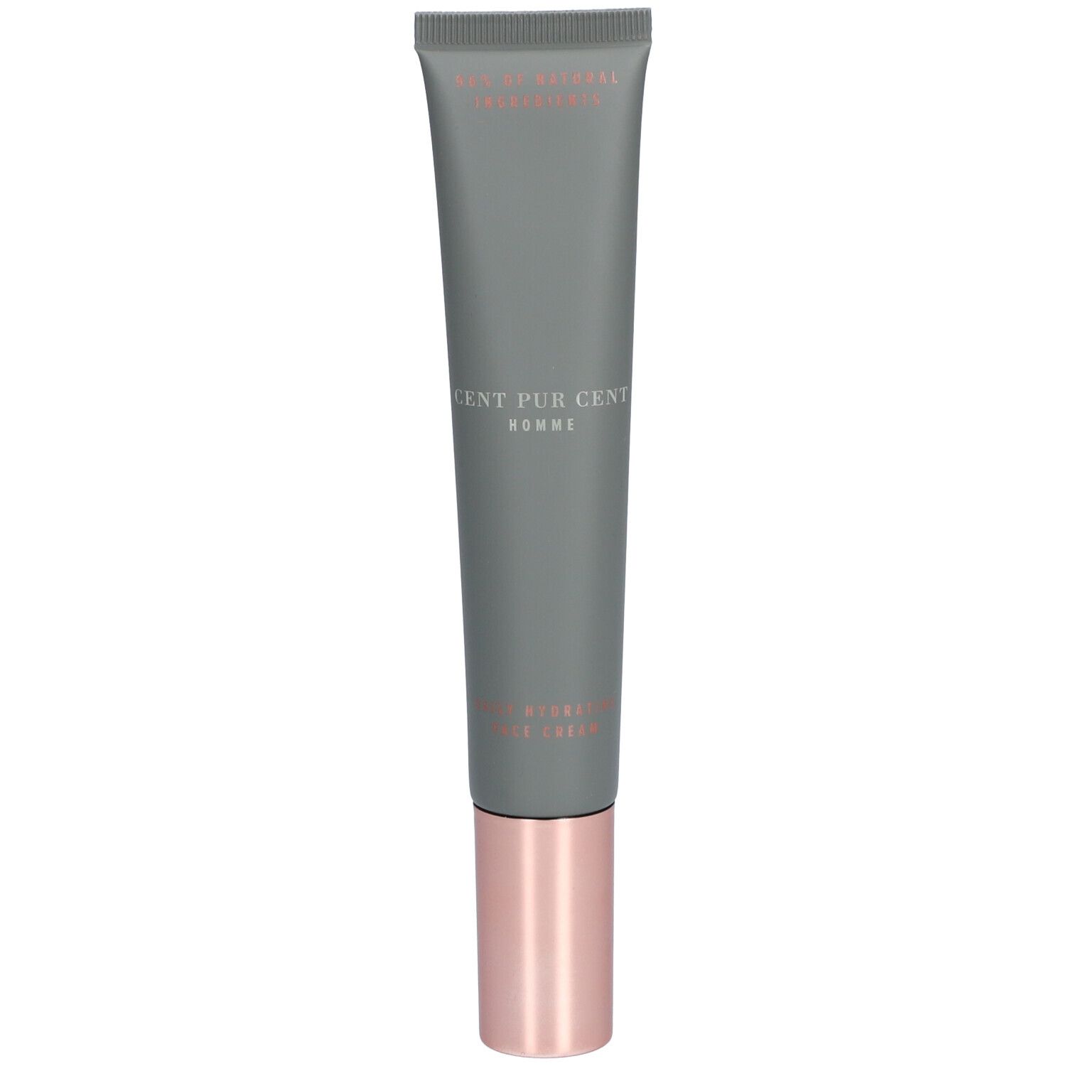Grijze tube met roségouden basis. Opschrift: CENT PUR CENT HOMME. Productnaam en ingrediënten.