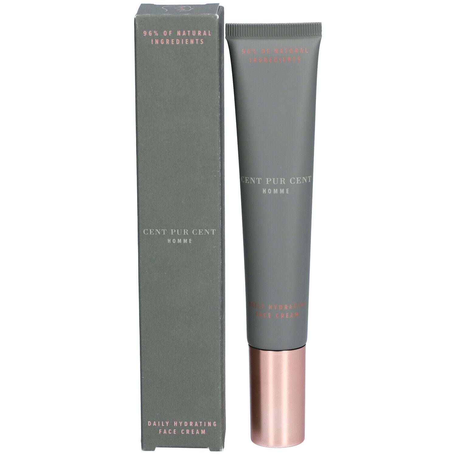 Grijze tube en doos. Opschrift: CENT PUR CENT HOMME. Productnaam en ingrediënten. 98% natuurlijke ingrediënten.