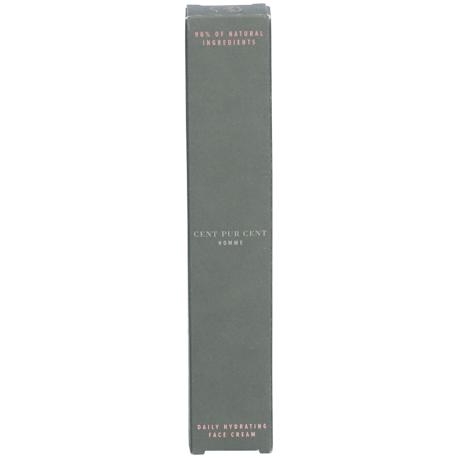 Grijze doos. Opschrift: CENT PUR CENT HOMME. Productnaam en ingrediënten. 98% natuurlijke ingrediënten.