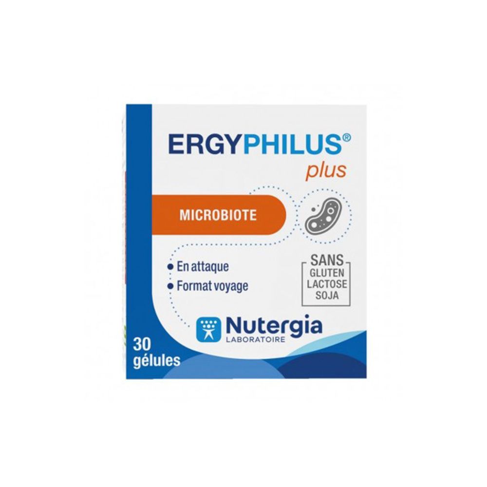 Boîte en carton avec informations produit. Inscriptions: Ergyphilus Plus, Microbiote, 30 gélules, sans gluten, lactose, soja.
