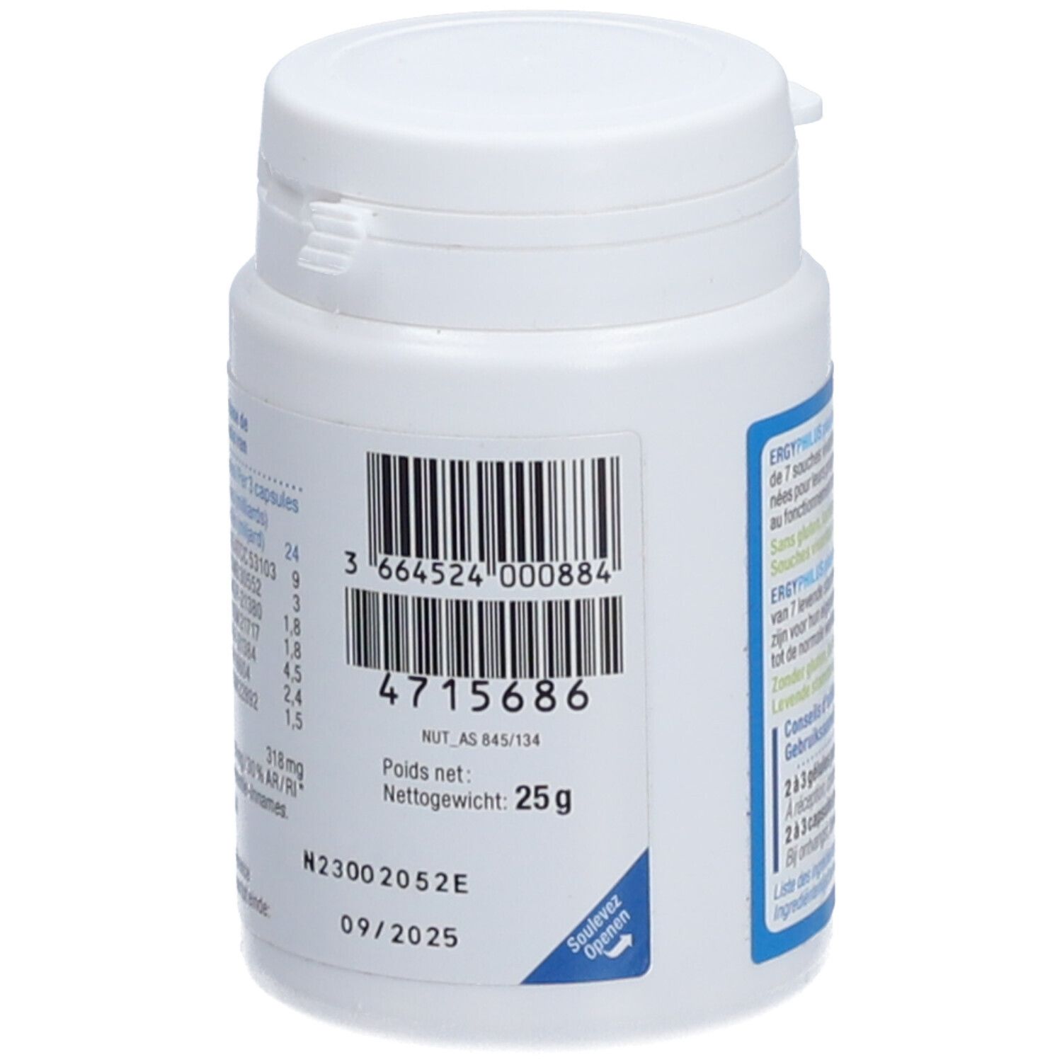 Dos d'un flacon blanc. Code-barres, numéro de lot, poids net 25g, date de péremption 09/2025.