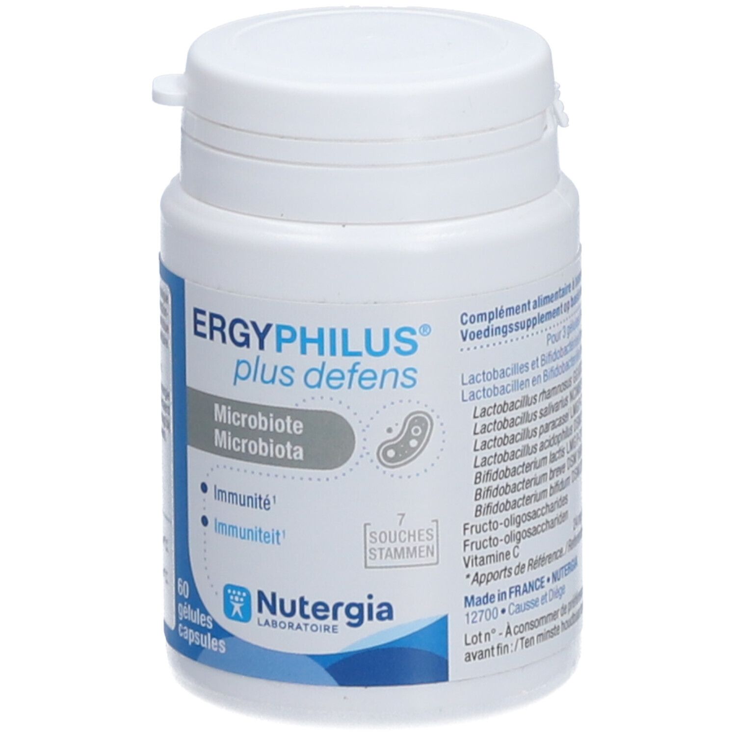 Flacon blanc avec étiquette bleue. Inscription: Ergyphilus Plus Defens, 60 gélules. Marque: Nutergia. Ingrédients.