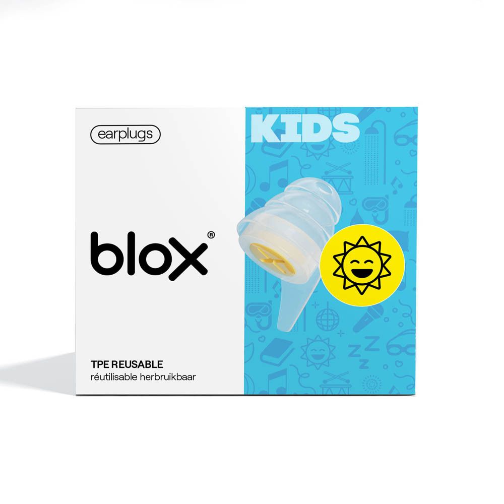 Boîte de bouchons d'oreille pour enfants. Marque blox. Taille S/M. Emballage bleu et blanc avec un bouchon.