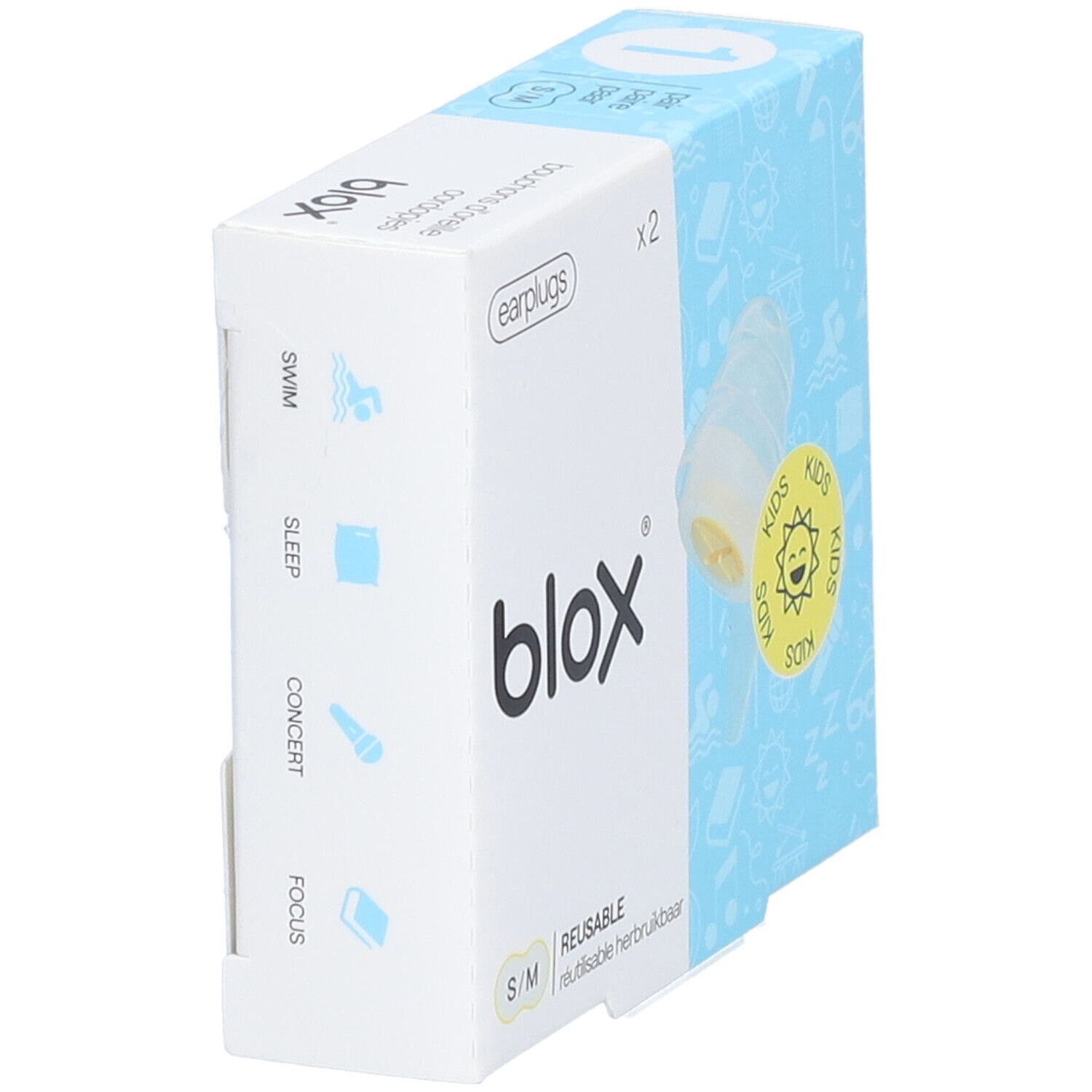 Boîte de bouchons d'oreille pour enfants. Marque blox. Taille S/M. Emballage bleu et blanc avec un bouchon.