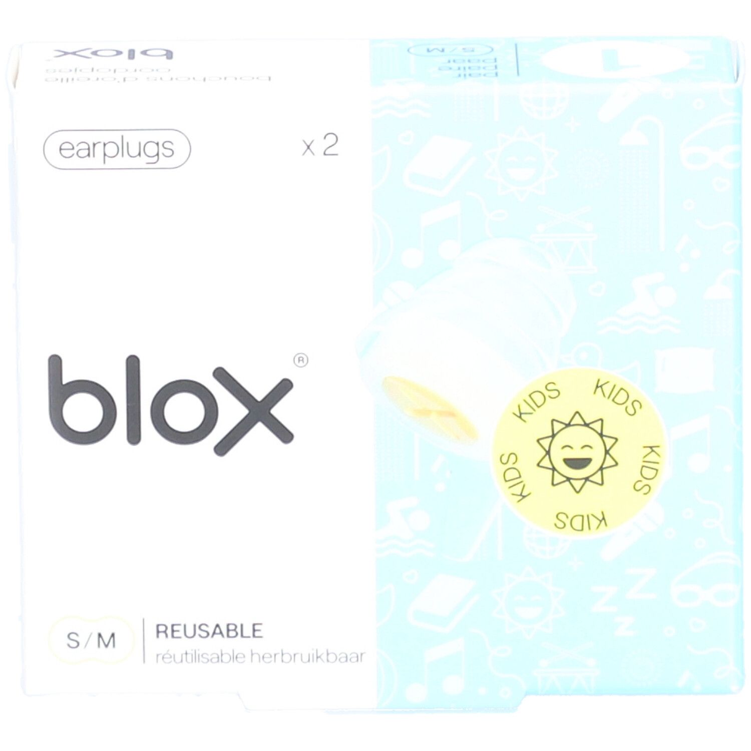Boîte de bouchons d'oreille pour enfants. Marque blox. Taille S/M. Emballage bleu et blanc avec un bouchon.