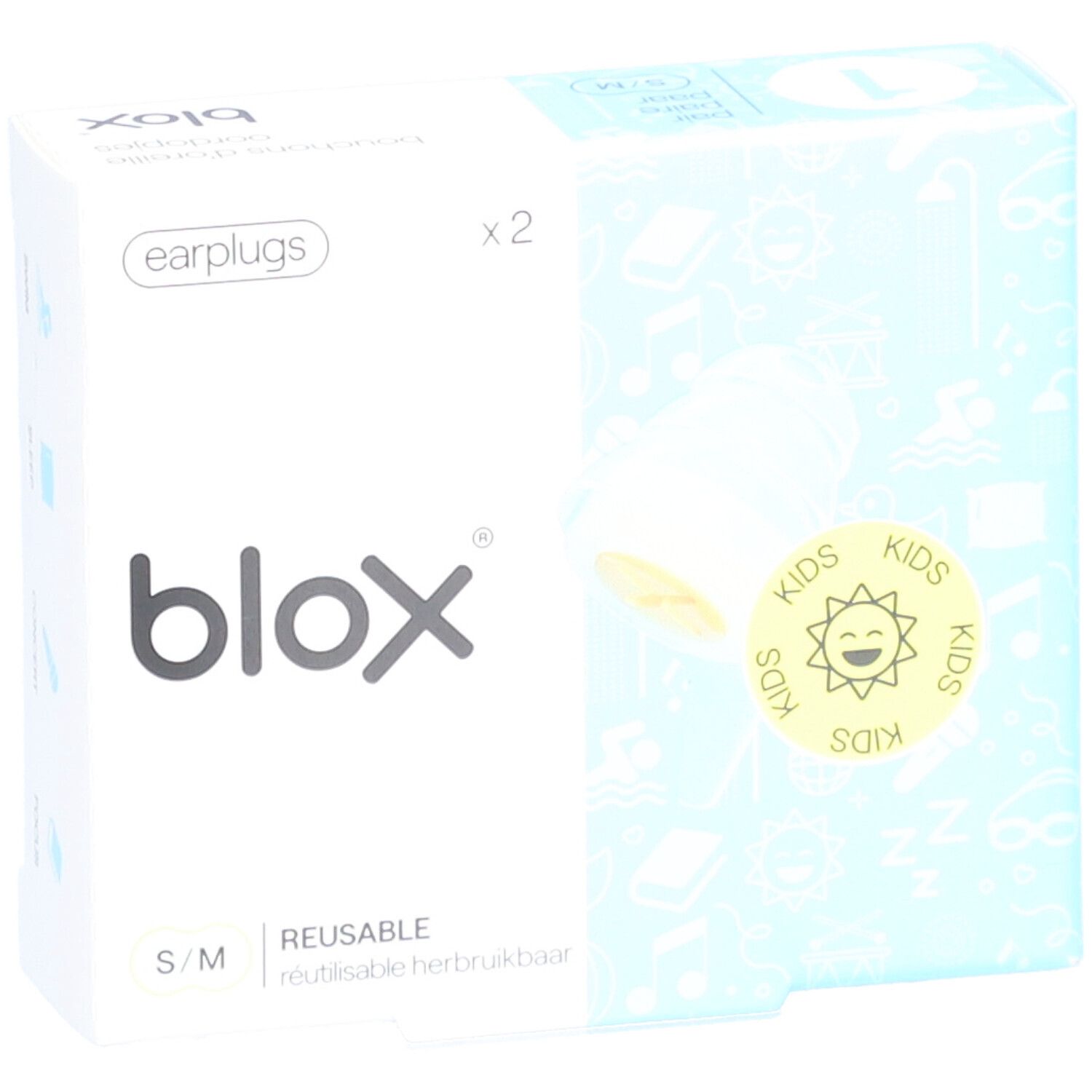 Boîte de bouchons d'oreille pour enfants. Marque blox. Taille S/M. Emballage bleu et blanc avec un bouchon.