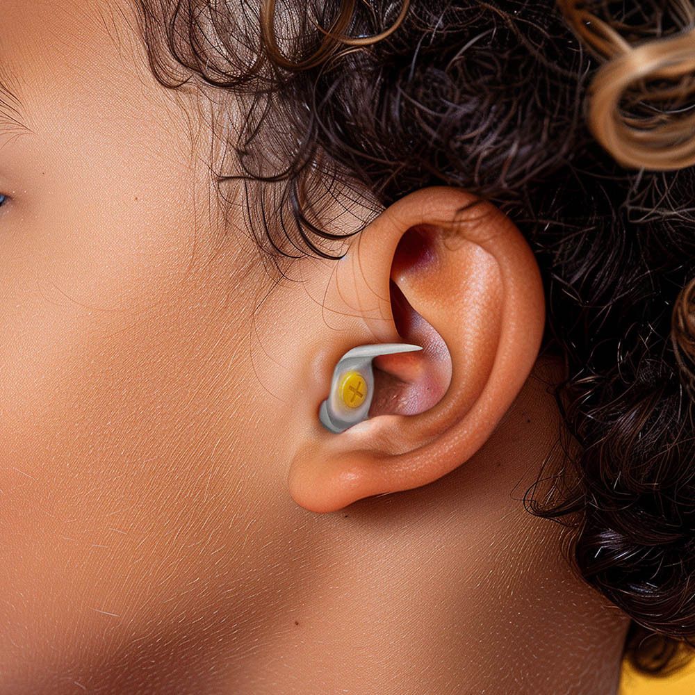 Bouchon d'oreille dans l'oreille d'une personne. Accent jaune visible. Sur la peau.