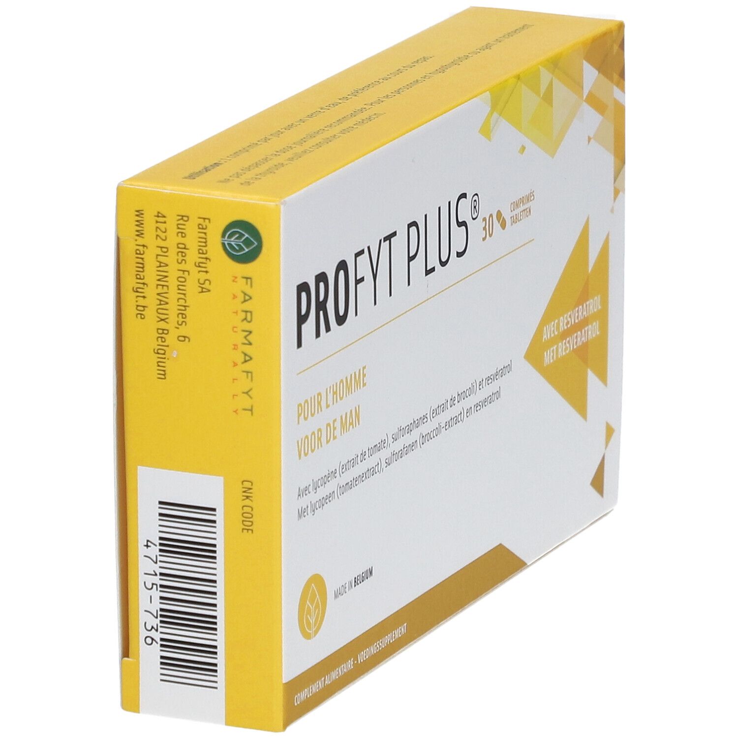 Gele en witte doos "Profyt Plus®". Opschrift: "Pour l'homme", "Voor de man". Bevat 30 tabletten. Met Resveratrol. Fabrikantenadres.