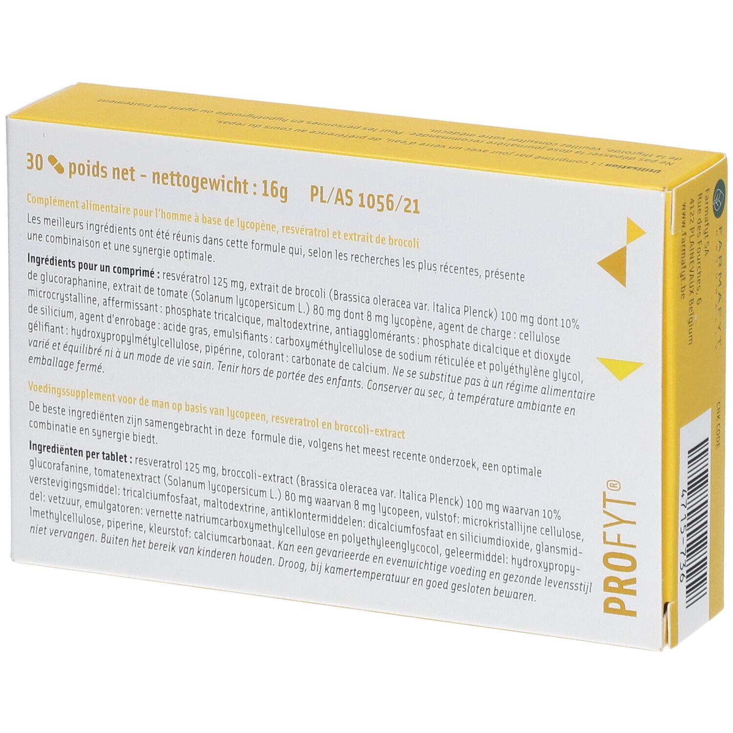 Achterkant van de "Profyt Plus®" doos. Bevat informatie over ingrediënten en voedingswaarden. Gewicht: 16g. 30 tabletten.