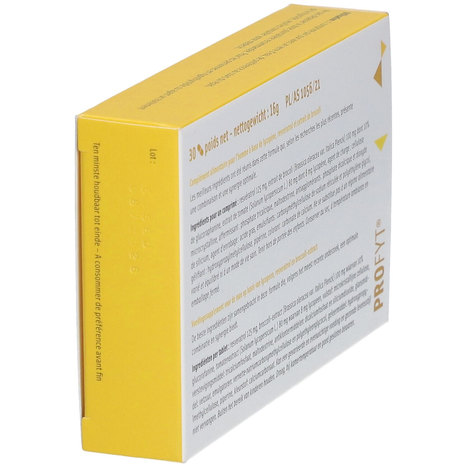 Doos "Profyt Plus®". Achterkant met ingrediënten en voedingswaarden. Gewicht: 16g. 30 tabletten. Ten minste houdbaar tot.