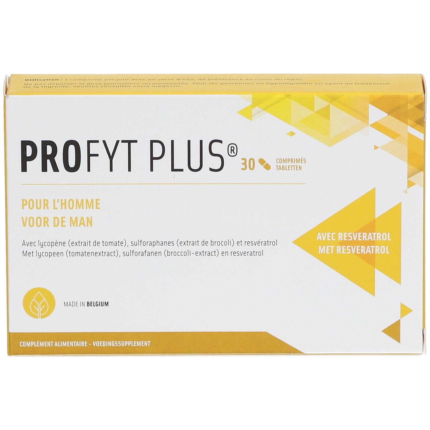 Doos "Profyt Plus®" met 30 tabletten. Opschrift: "Pour l'homme", "Voor de man". Met Resveratrol. Geel-wit design.
