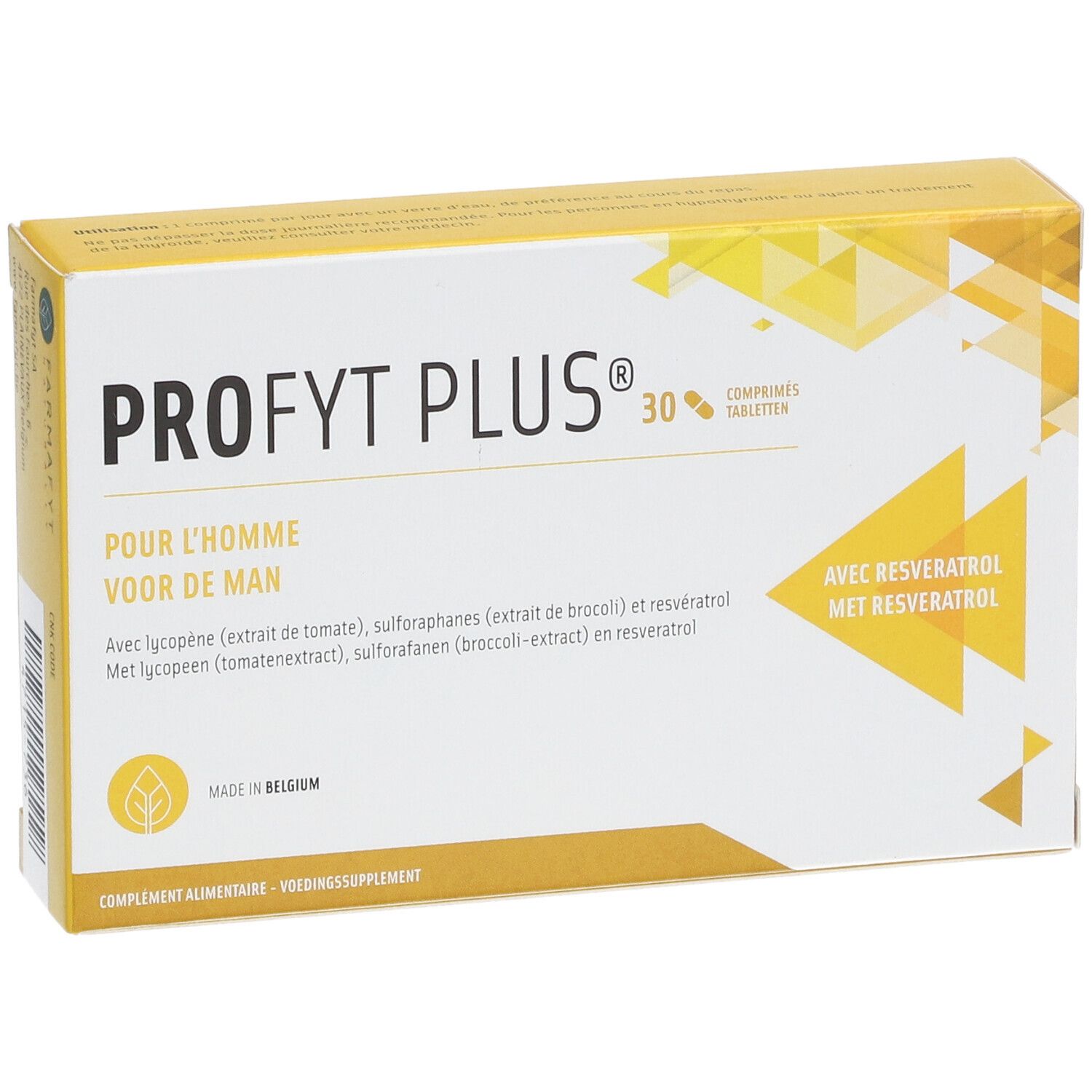 Doos "Profyt Plus®" met 30 tabletten. Opschrift: "Pour l'homme", "Voor de man". Met Resveratrol. Geel-wit design.