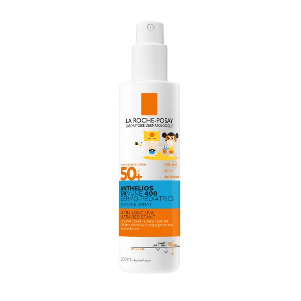 La Roche-Posay Anthelios UVmune 400 Dermo-Pediatrics Spray SPF50+. Flacon blanc avec vaporisateur. Inscription du nom du produit et SPF50+.