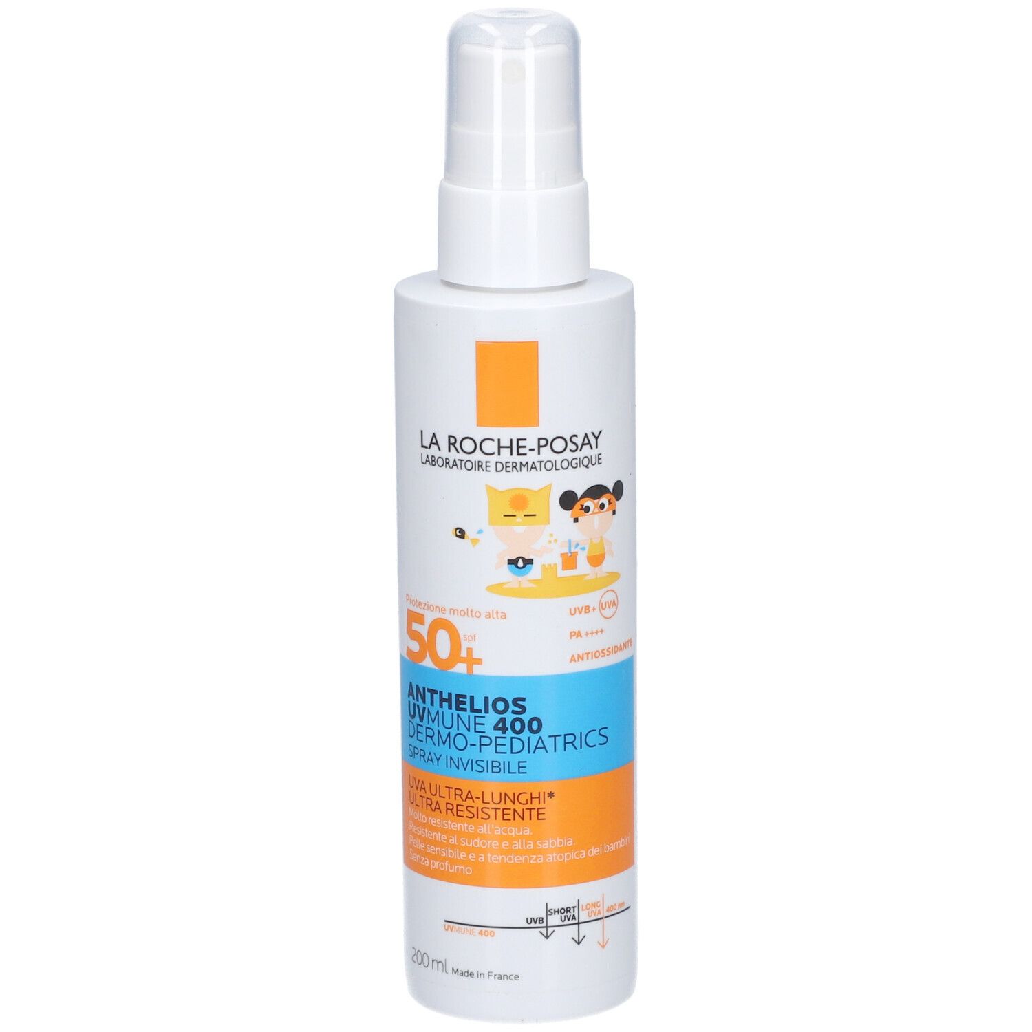 La Roche-Posay Anthelios UVmune 400 Dermo-Pediatrics Spray SPF50+. Flacon blanc avec vaporisateur. Inscription du nom du produit et SPF50+.
