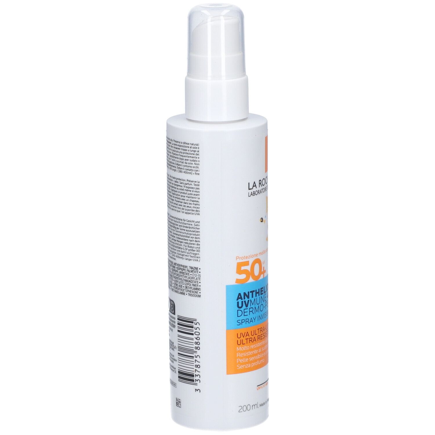 La Roche-Posay Anthelios UVmune 400 Dermo-Pediatrics Spray SPF50+. Dos du flacon. Texte et code-barres.