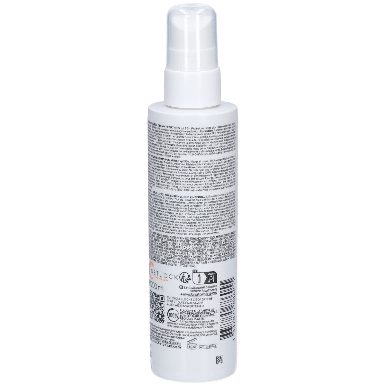La Roche-Posay Anthelios UVmune 400 Dermo-Pediatrics Spray SPF50+. Dos du flacon. Texte, code QR et logos.