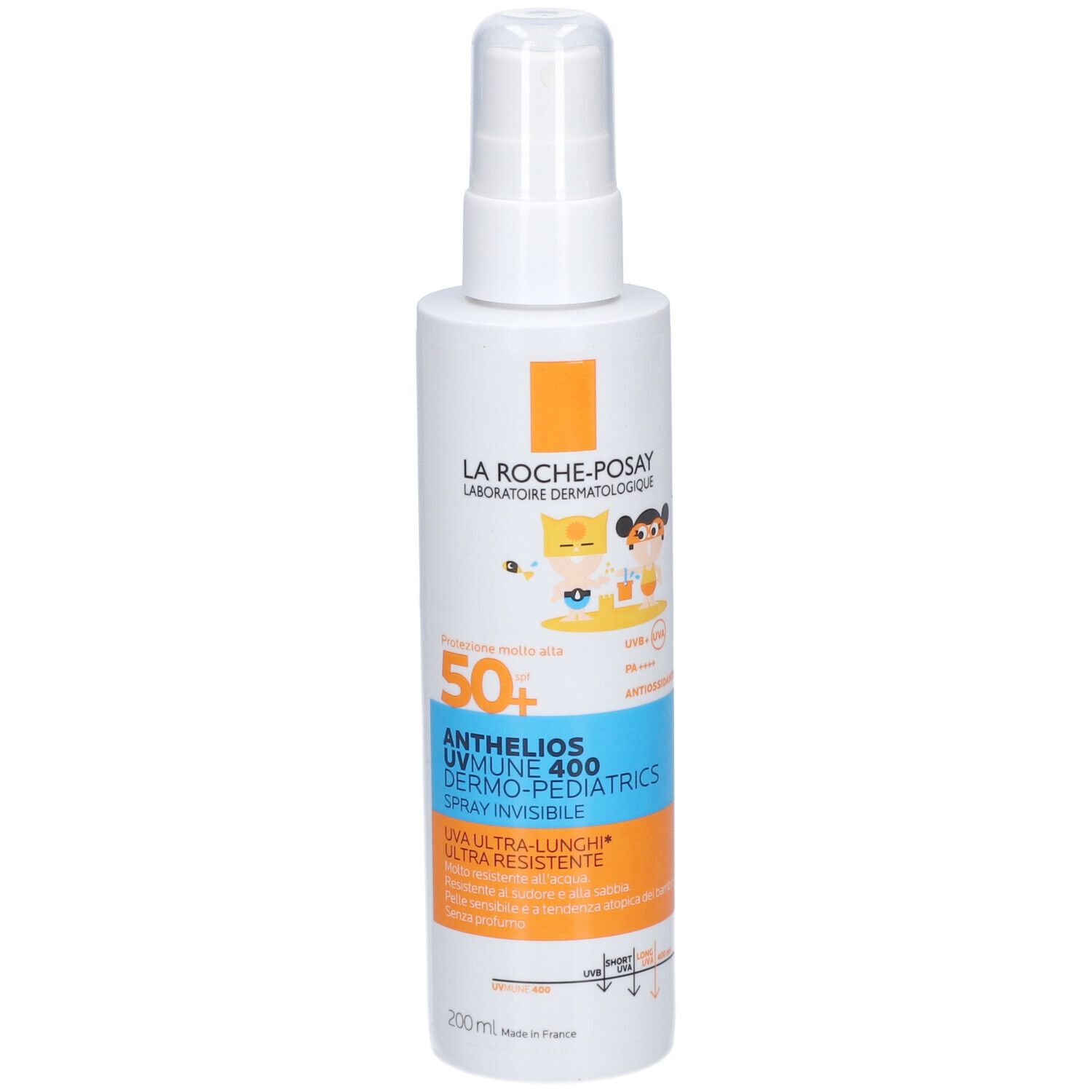 La Roche-Posay Anthelios UVmune 400 Dermo-Pediatrics Spray SPF50+. Flacon blanc avec vaporisateur. Inscription du nom du produit et SPF50+.