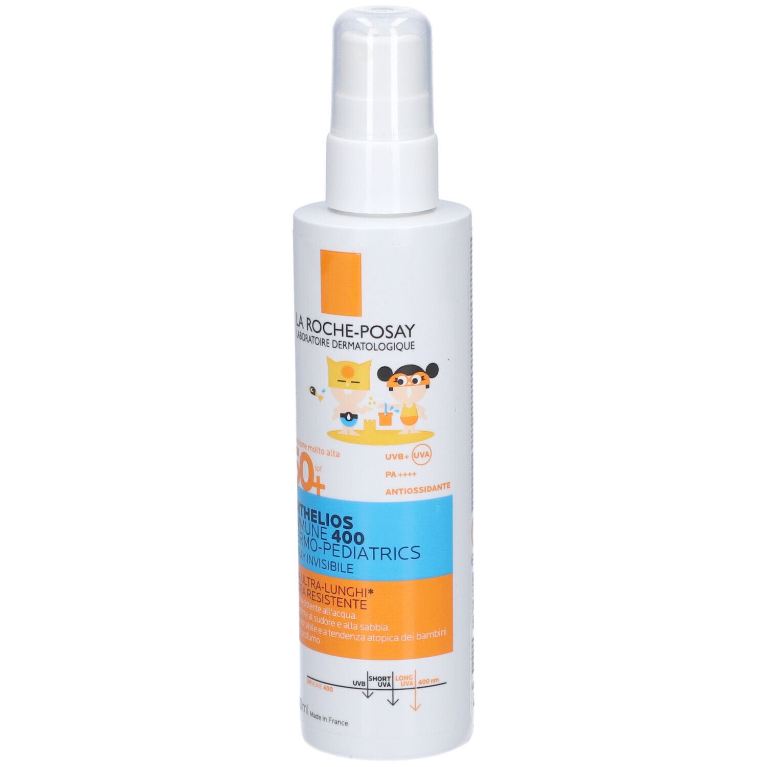 La Roche-Posay Anthelios UVmune 400 Dermo-Pediatrics Spray SPF50+. Flacon blanc avec vaporisateur. Inscription du nom du produit et SPF50+.