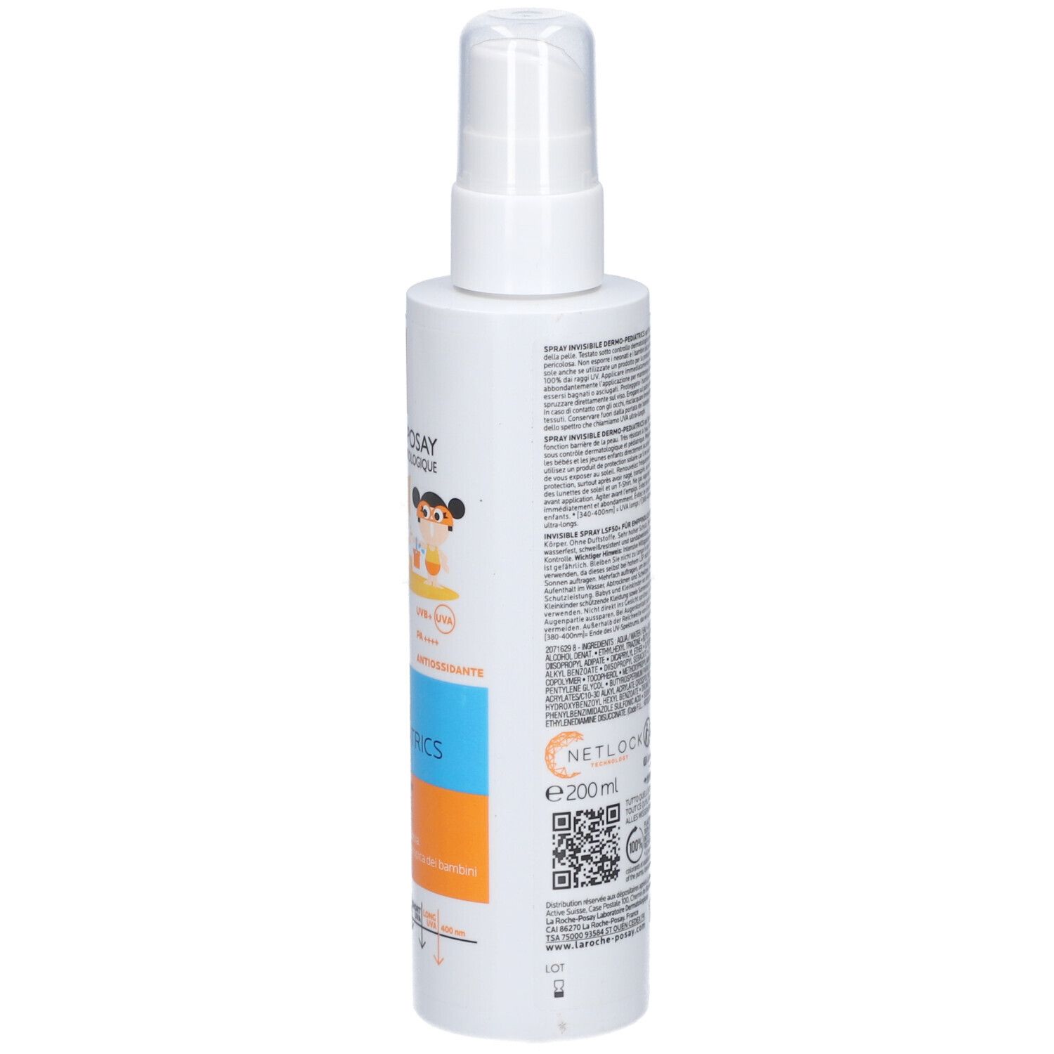 La Roche-Posay Anthelios UVmune 400 Dermo-Pediatrics Spray SPF50+. Dos du flacon. Texte, code QR et logos.
