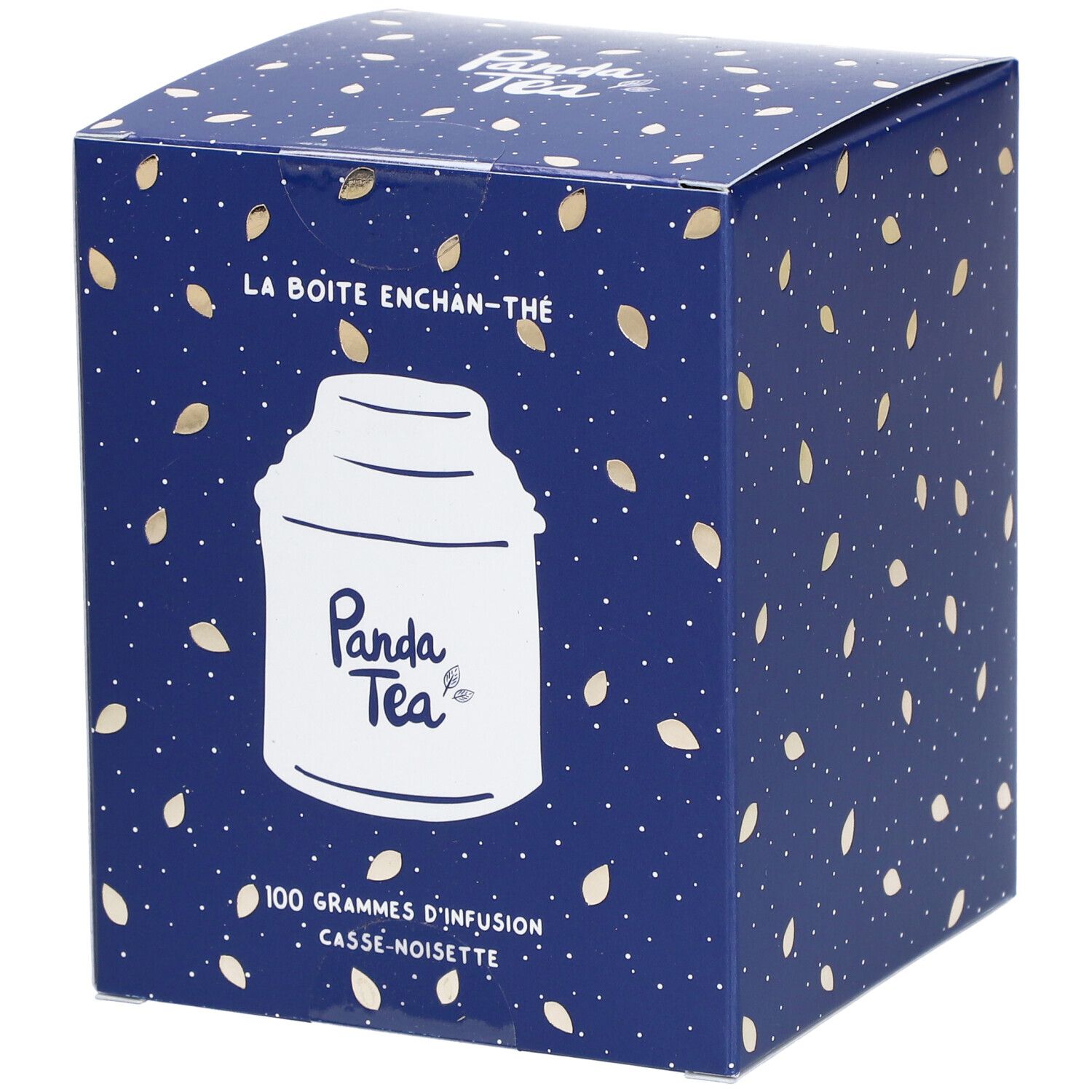 Boîte carrée bleue avec logo Panda Tea et texte. Inscription: 100 grammes d'infusion Casse-Noisette.