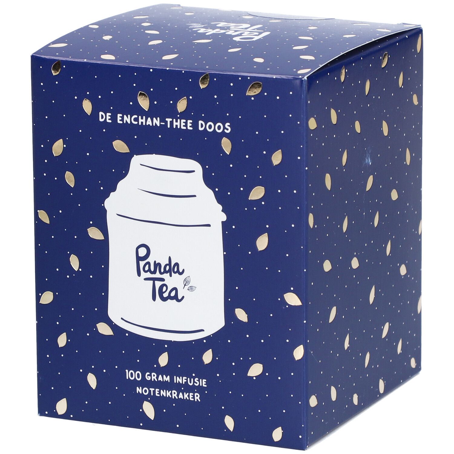 Boîte carrée bleue avec logo Panda Tea et texte. Inscription: 100 grammes d'infusion Notenkraker.
