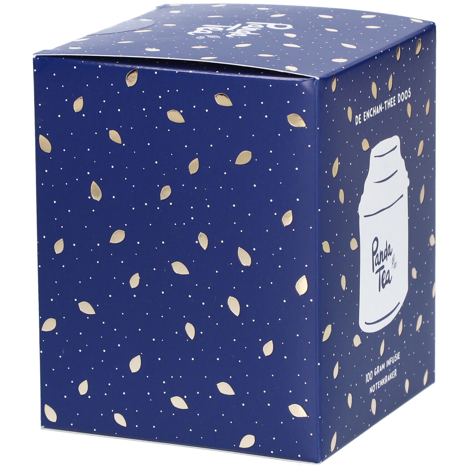 Boîte carrée bleue avec logo Panda Tea et texte. Inscription: 100 grammes d'infusion Notenkraker.