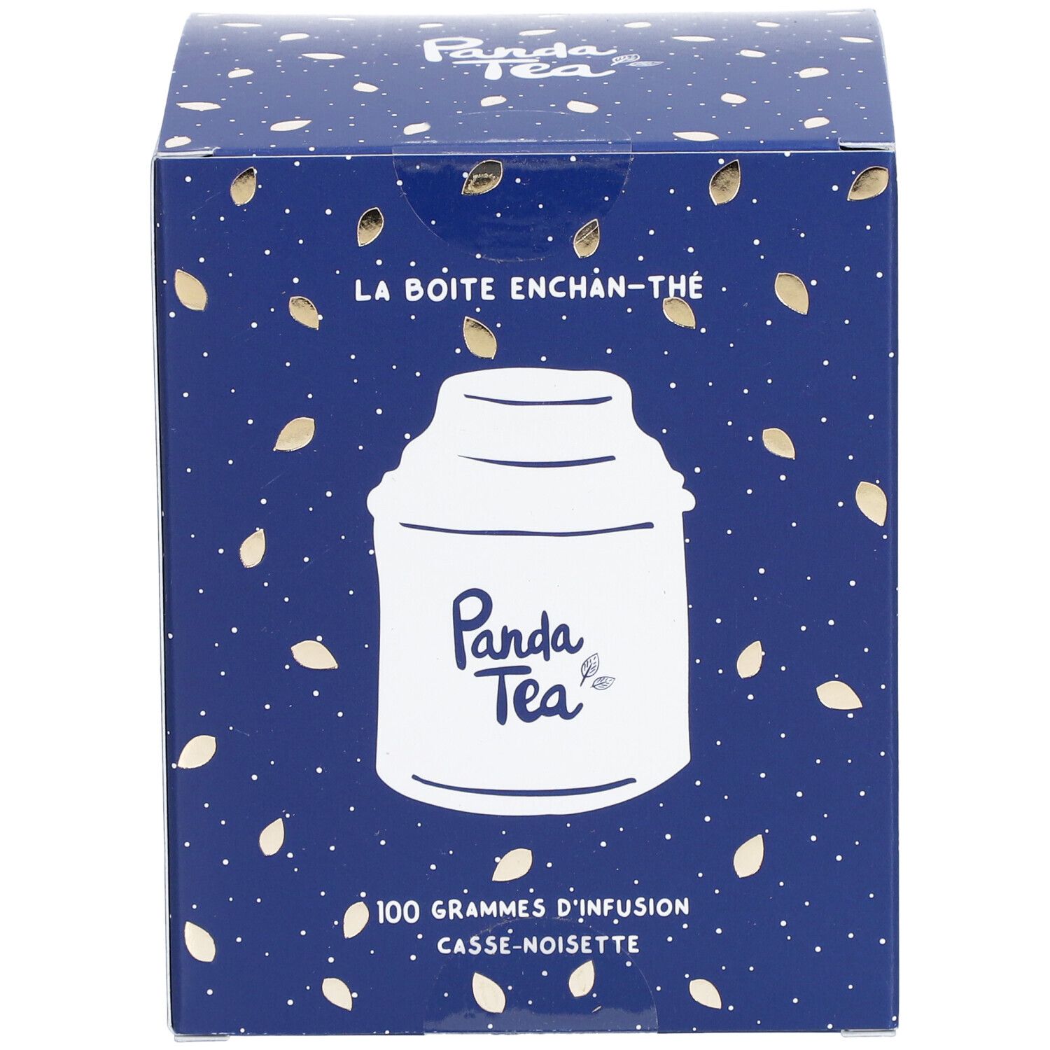 Boîte carrée bleue avec logo Panda Tea et texte. Inscription: 100 grammes d'infusion Casse-Noisette.