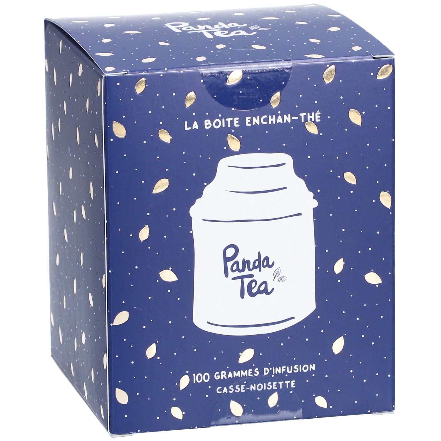 Boîte carrée bleue avec logo Panda Tea et texte. Inscription: 100 grammes d'infusion Casse-Noisette.