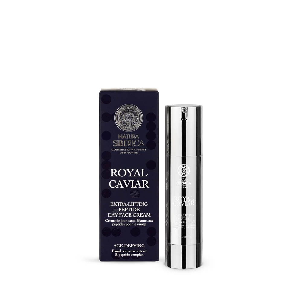 Produit et emballage. Natura Siberica Royal Caviar. Extra-Lifting Peptide Day Face Cream. Flacon argenté.