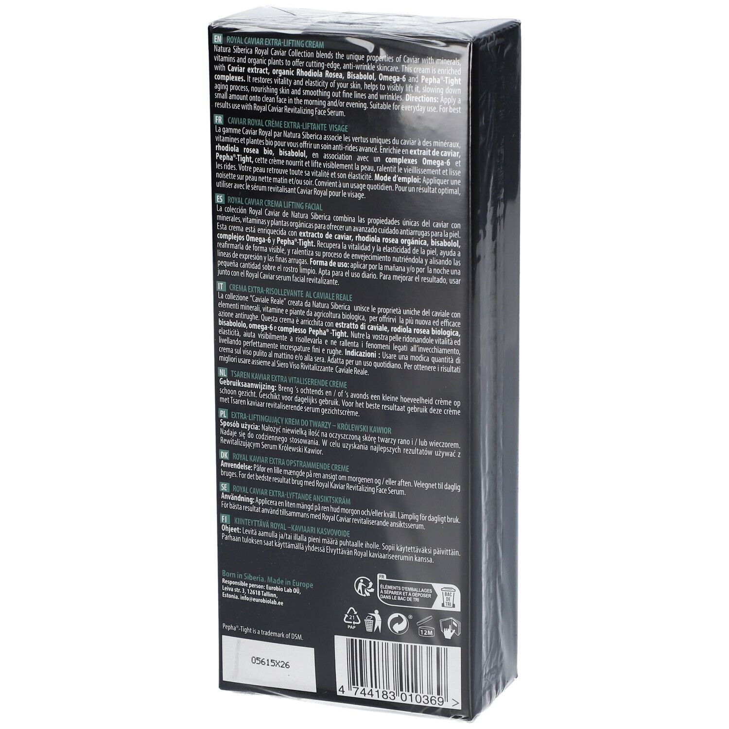 Dos de l'emballage. Texte multilingue. Ingrédients et informations sur le produit.