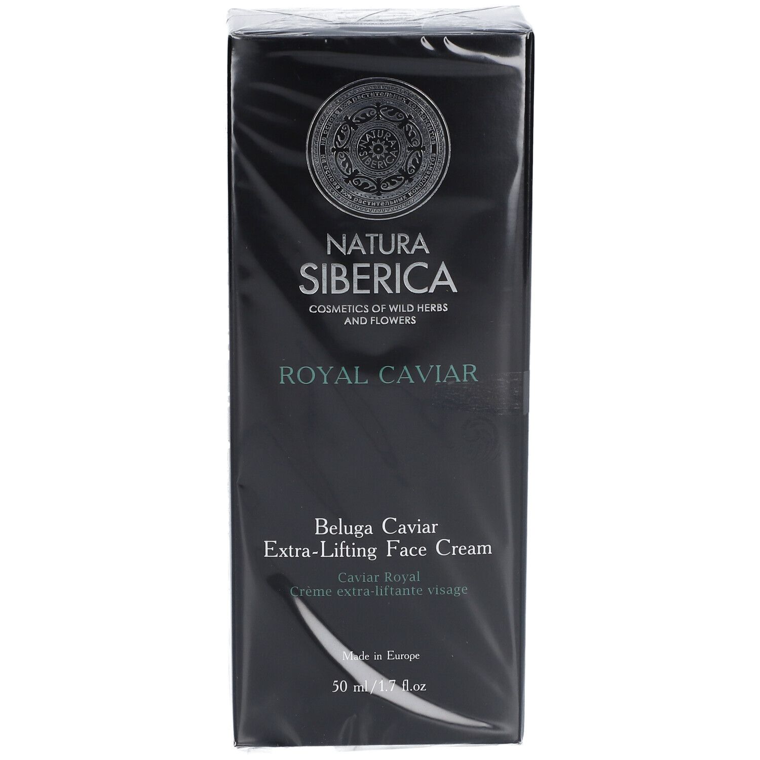 Emballage noir Natura Siberica Royal Caviar. Beluga Caviar Extra-Lifting Face Cream. 50 ml, emballé.