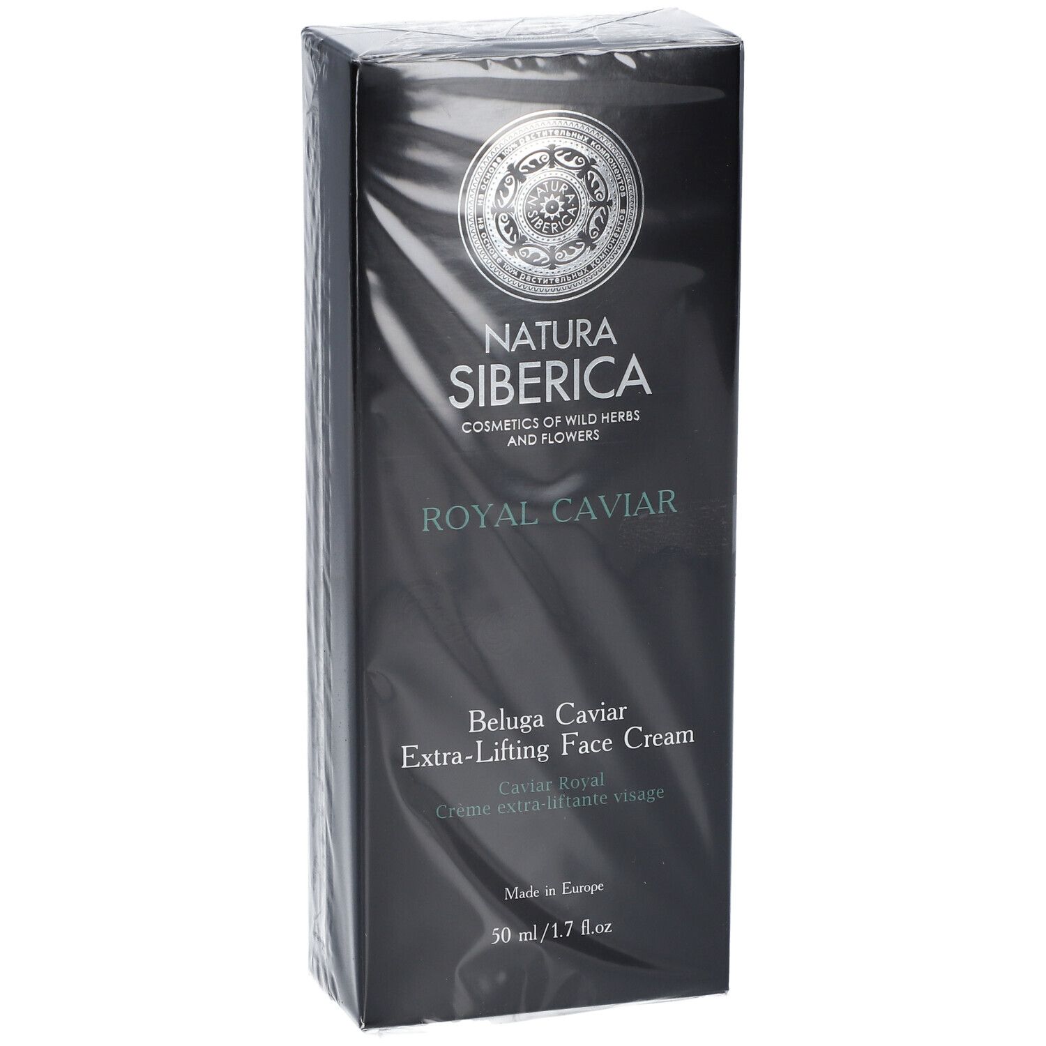 Emballage noir Natura Siberica Royal Caviar. Beluga Caviar Extra-Lifting Face Cream. 50 ml, emballé.