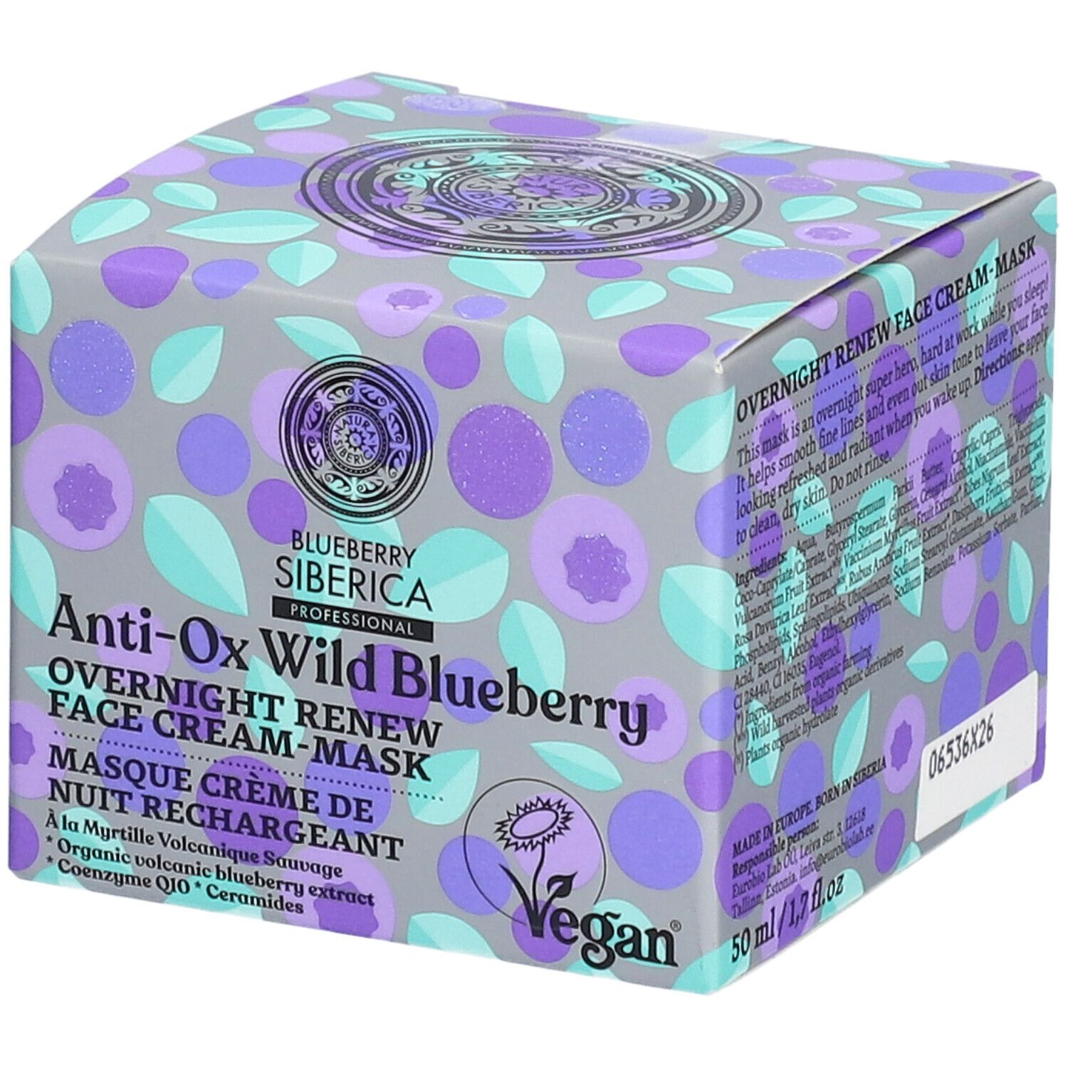 Verpakking van gezichtscrèmemasker. Blauwe, paarse en grijze kleuren. Tekst: Blueberry Siberica, Anti-Ox Wild Blueberry, Vegan.