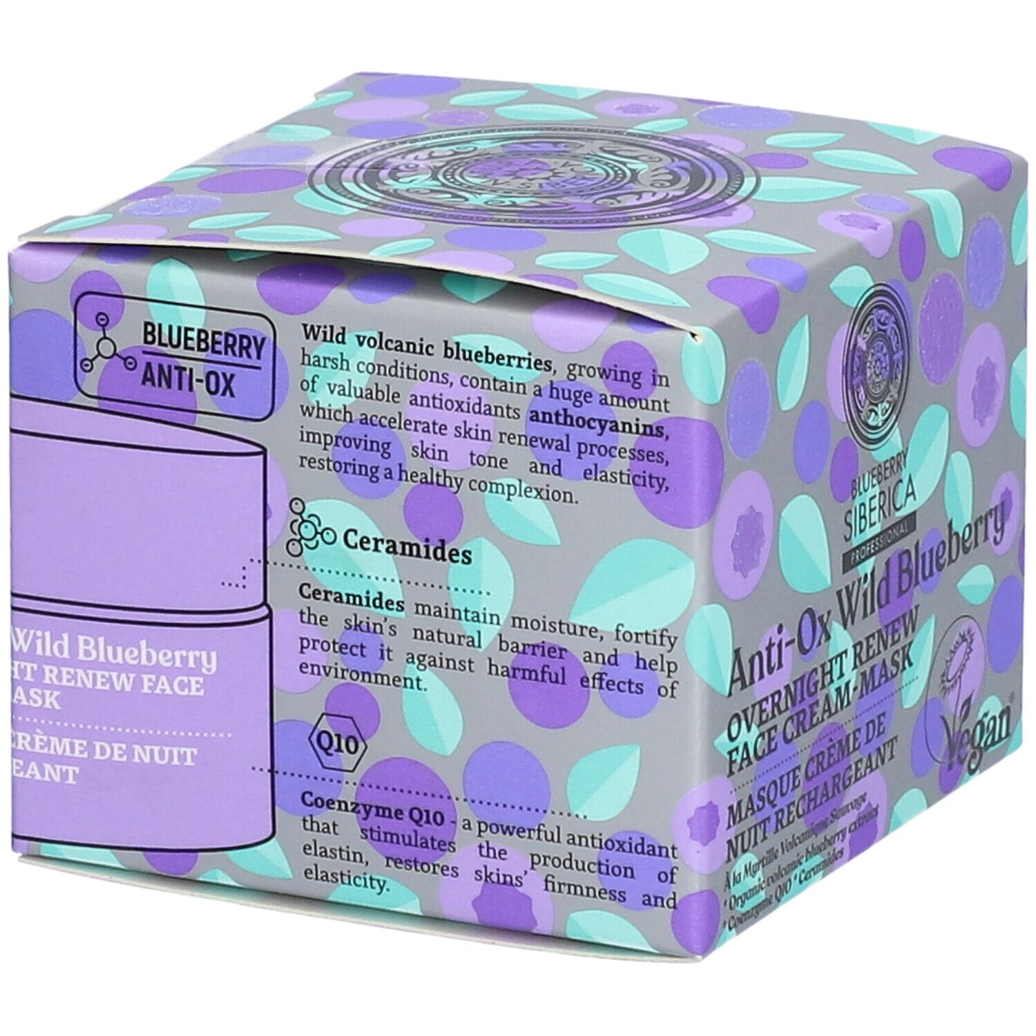 Verpakking met productinformatie. Tekst: Blueberry Anti-Ox, Ceramiden, Q10. Blauwe, paarse en grijze kleuren. Blueberry Siberica.