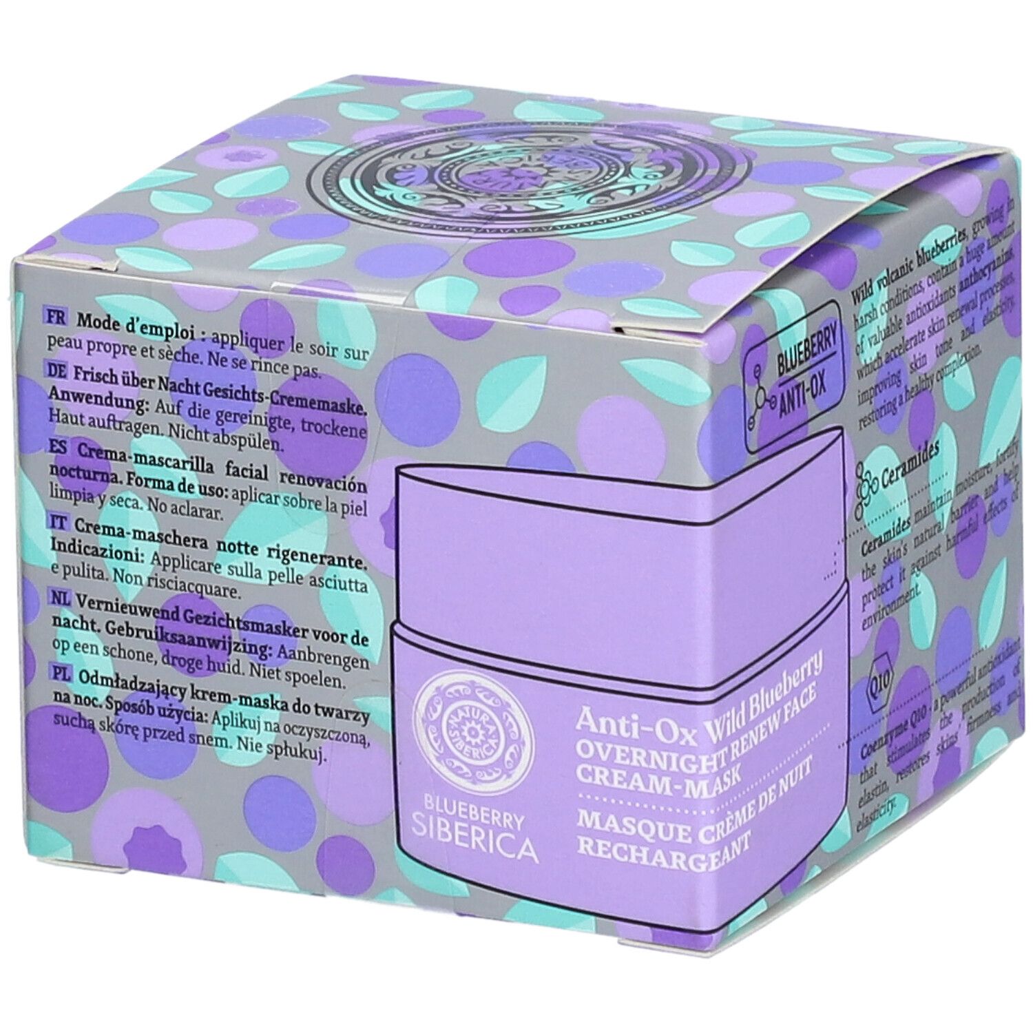 Verpakking met productinformatie. Tekst: Blueberry Siberica, Anti-Ox Wild Blueberry, Vegan. Blauwe, paarse en grijze kleuren.