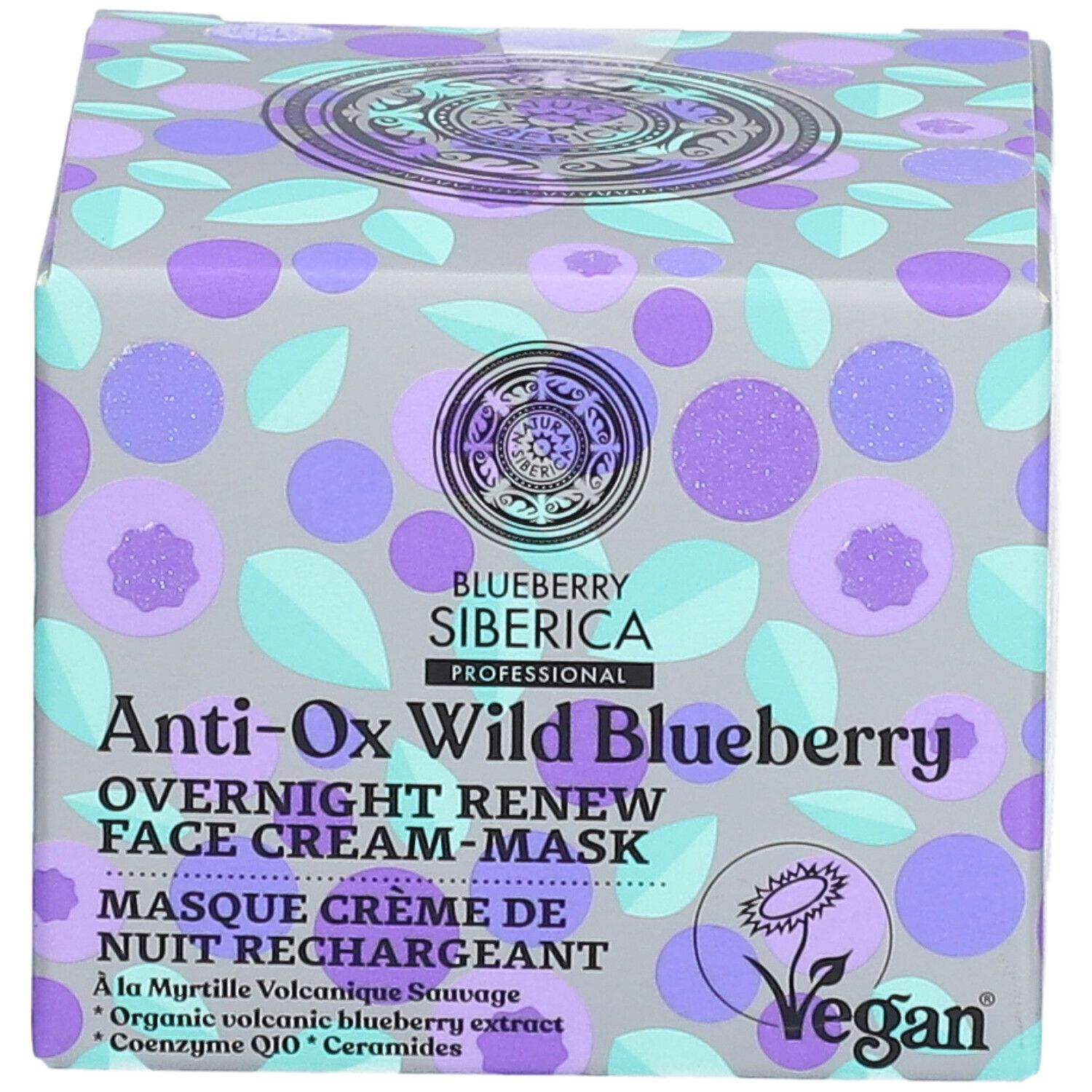 Verpakking van gezichtscrèmemasker. Blauwe, paarse en grijze kleuren. Tekst: Blueberry Siberica, Anti-Ox Wild Blueberry, Vegan.