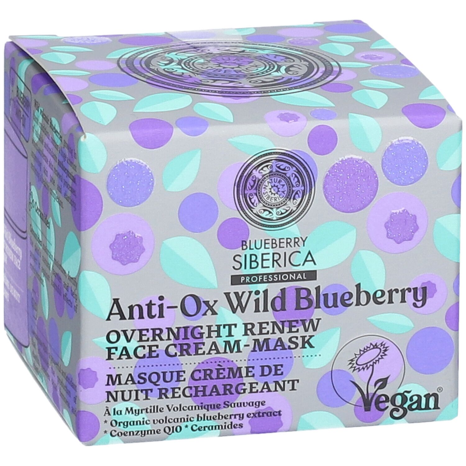 Verpakking van gezichtscrèmemasker. Blauwe, paarse en grijze kleuren. Tekst: Blueberry Siberica, Anti-Ox Wild Blueberry, Vegan.