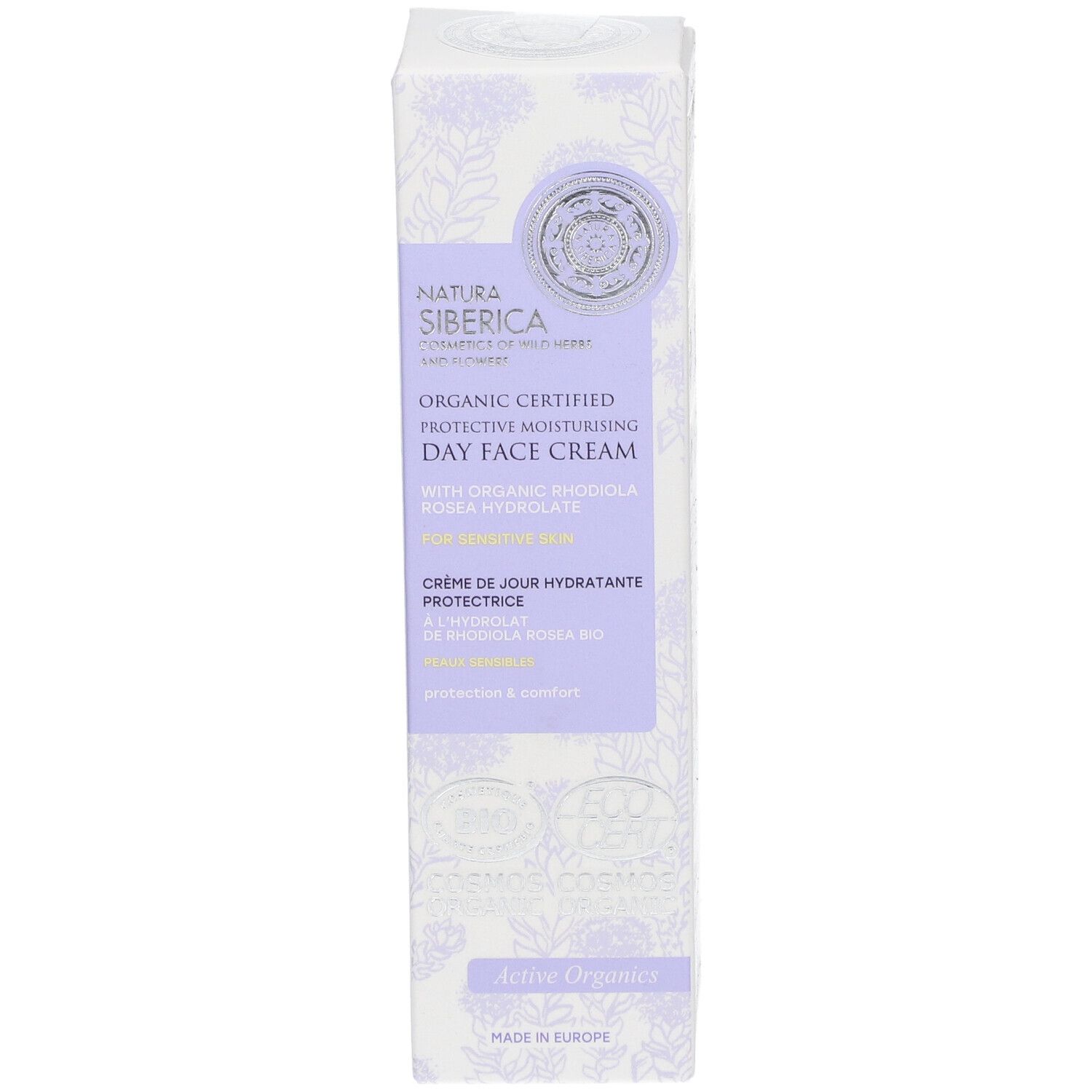 Emballage de crème de jour. Inscription: Natura Siberica, Organic Certified Protective Moisturising Day Face Cream. Pour peau sensible.