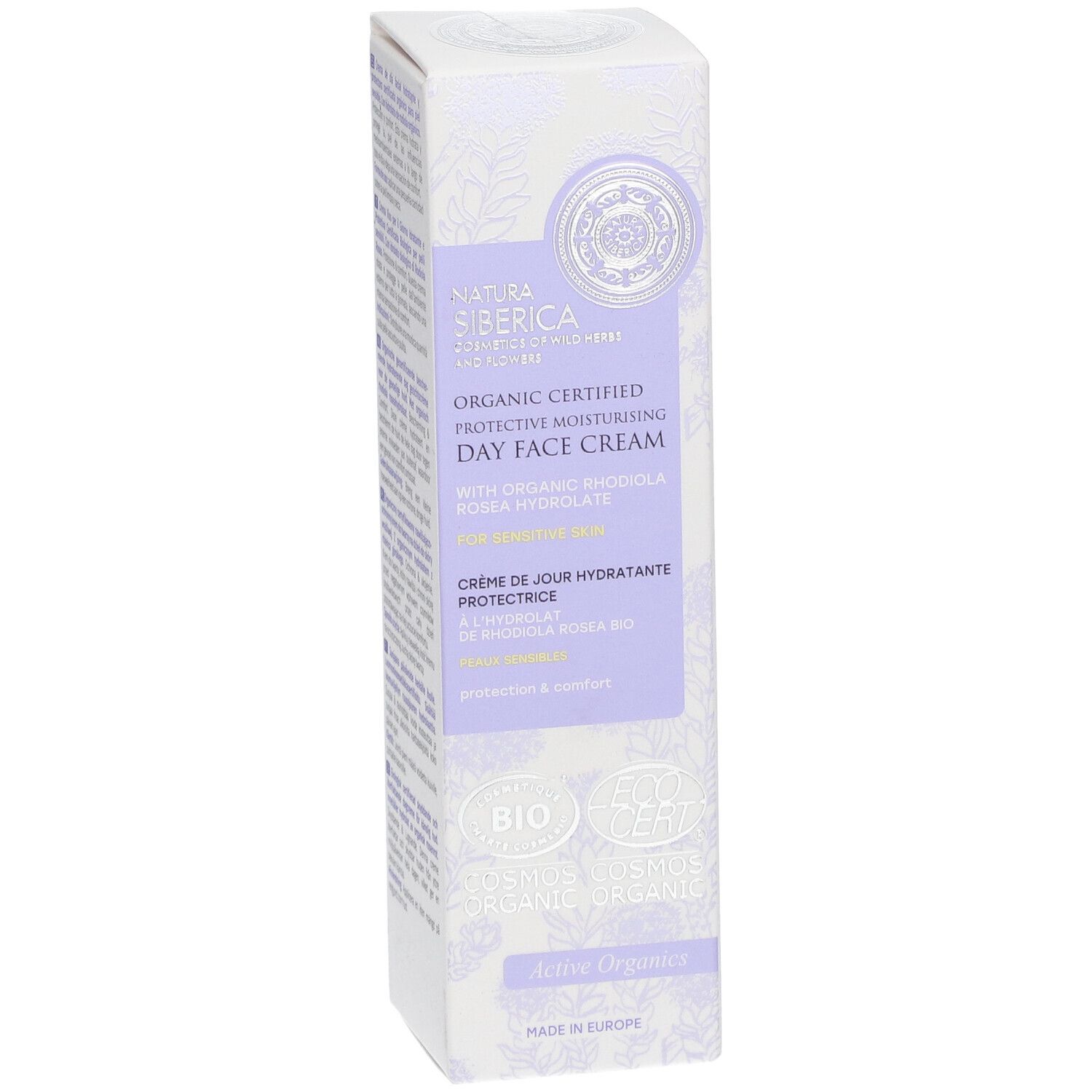 Emballage de crème de jour. Inscription: Natura Siberica, Organic Certified Protective Moisturising Day Face Cream. Pour peau sensible.