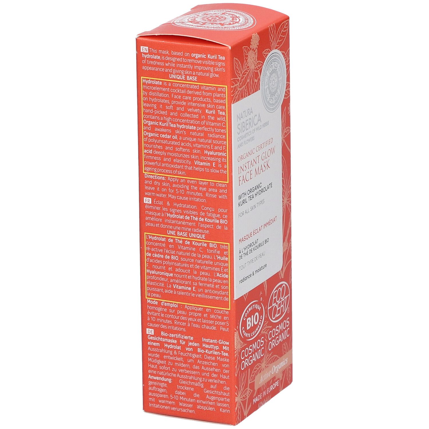 Dos de l'emballage du masque facial. Texte multilingue. Logos : COSMOS ORGANIC, ECOCERT. Texte sur les ingrédients et les avantages.