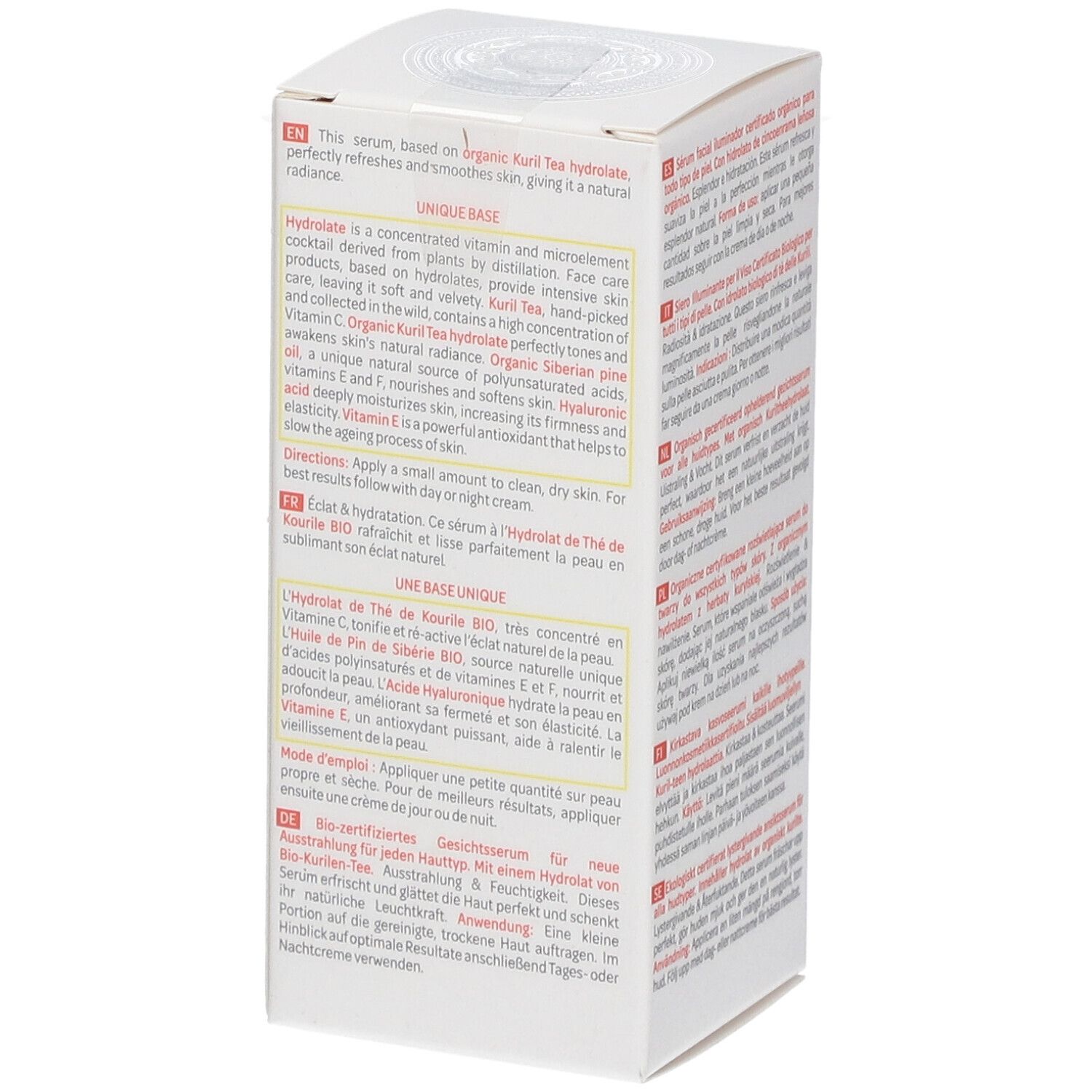 Seitenansicht der Produktverpackung. Text in mehreren Sprachen. Enthält Informationen zum Produkt und zur Anwendung.