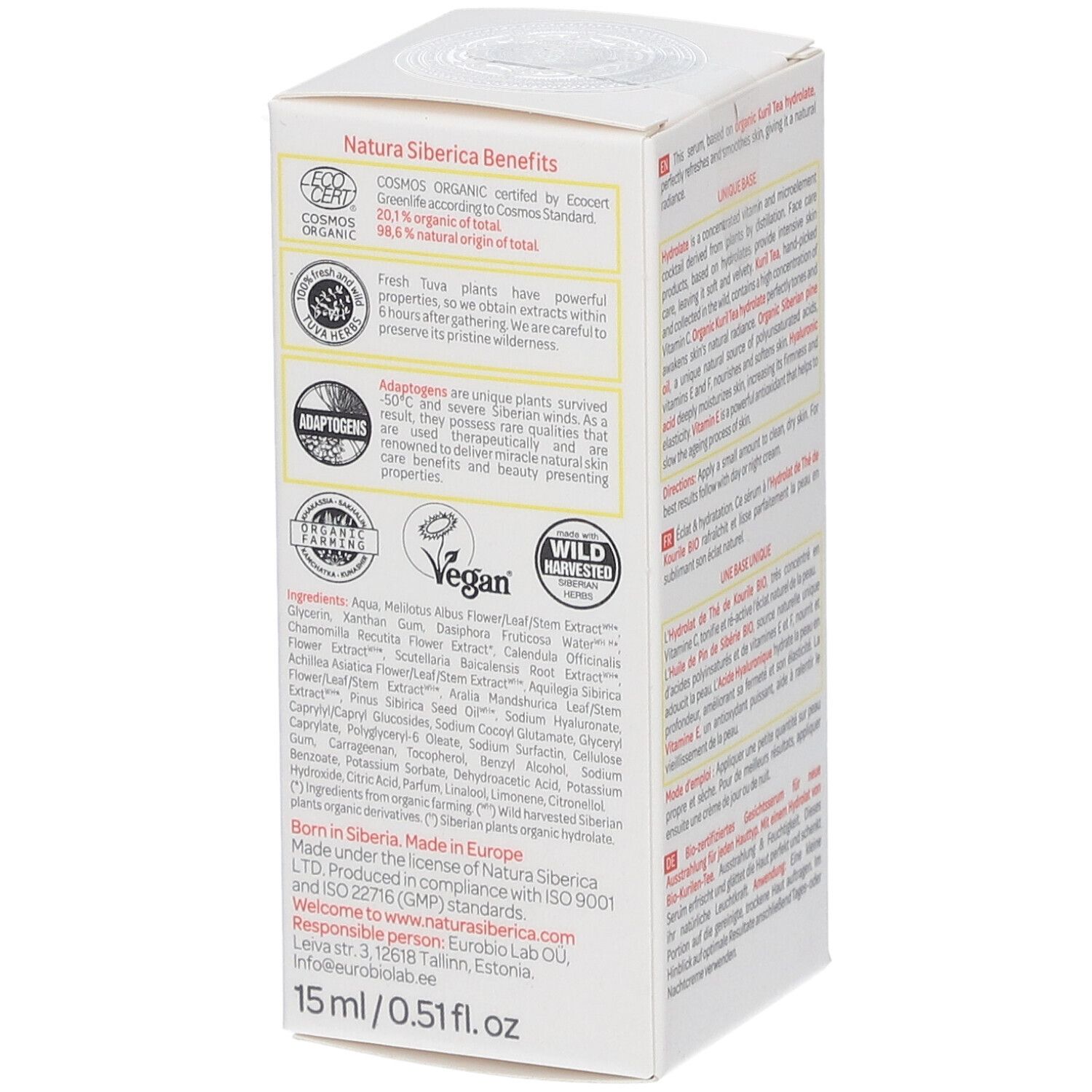 Seitenansicht der Produktverpackung. Text in mehreren Sprachen. Enthält Informationen zu Inhaltsstoffen und Zertifizierungen.