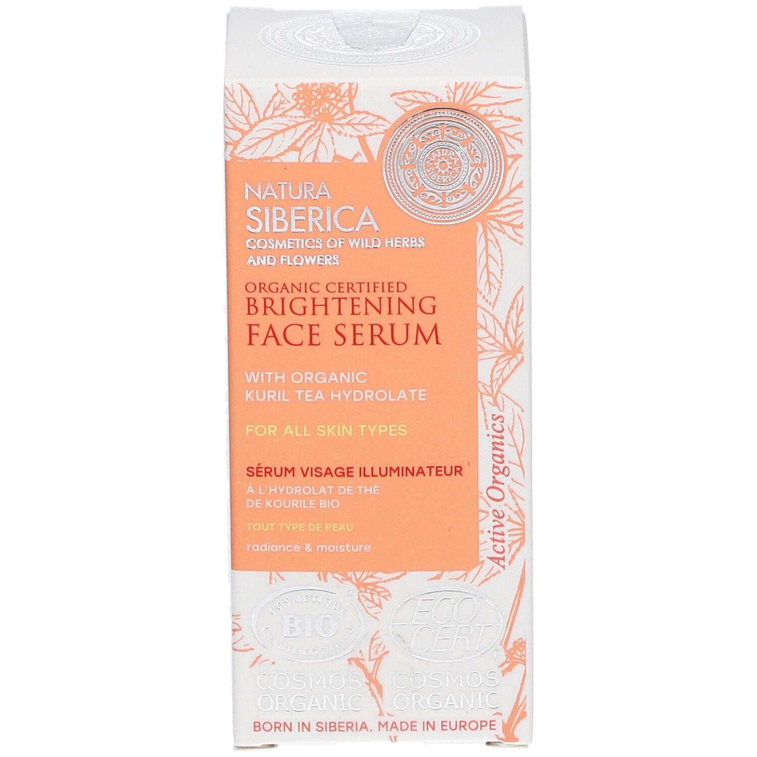 Vorderansicht der Produktverpackung. Aufschrift: Natura Siberica, Bio zertifiziertes Gesichtsserum. Zertifizierungen und Logos.