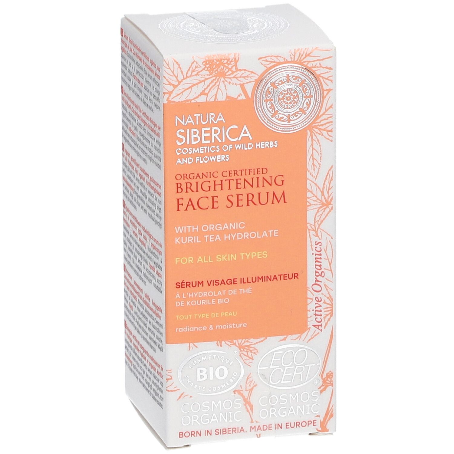 Vorderansicht der Produktverpackung. Aufschrift: Natura Siberica, Bio zertifiziertes Gesichtsserum. Zertifizierungen und Logos.