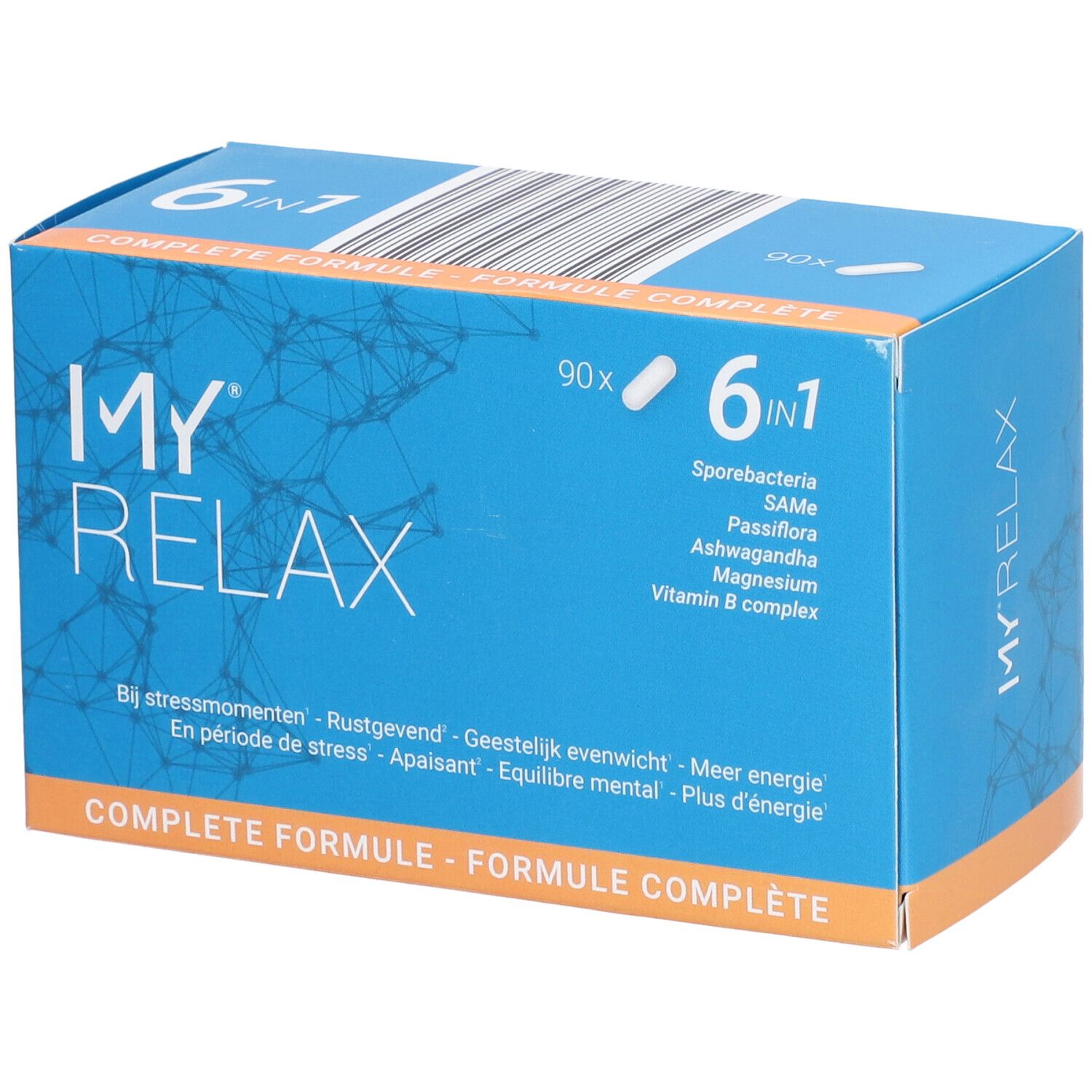 Boîte bleu-orange "MY RELAX" et "6 en 1". Contient 90 gélules. Inscription: "Complete Formule".