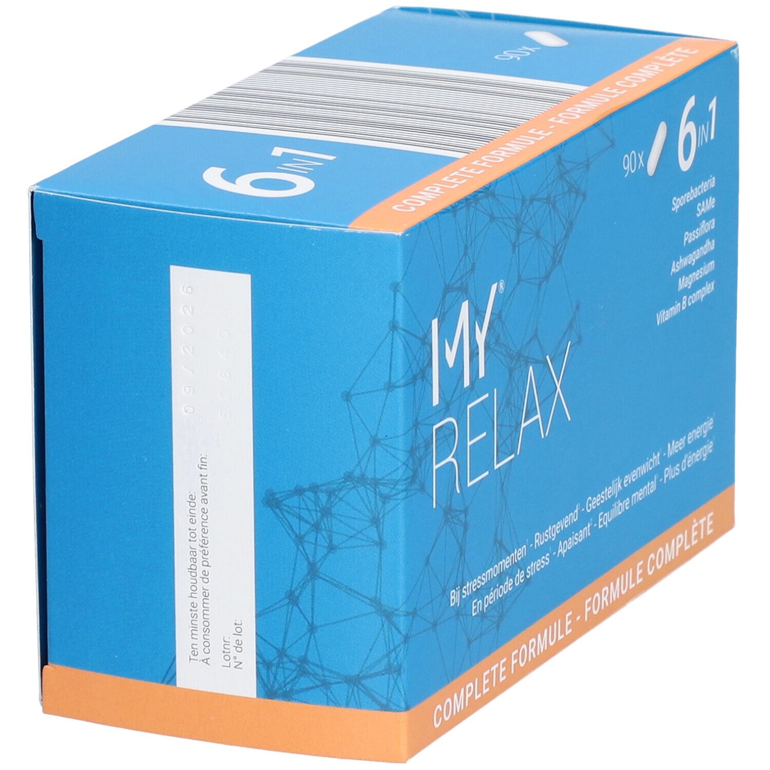 Boîte bleue "MY RELAX" et "6 en 1". Contient 90 gélules. Inscription: "Complete Formule".