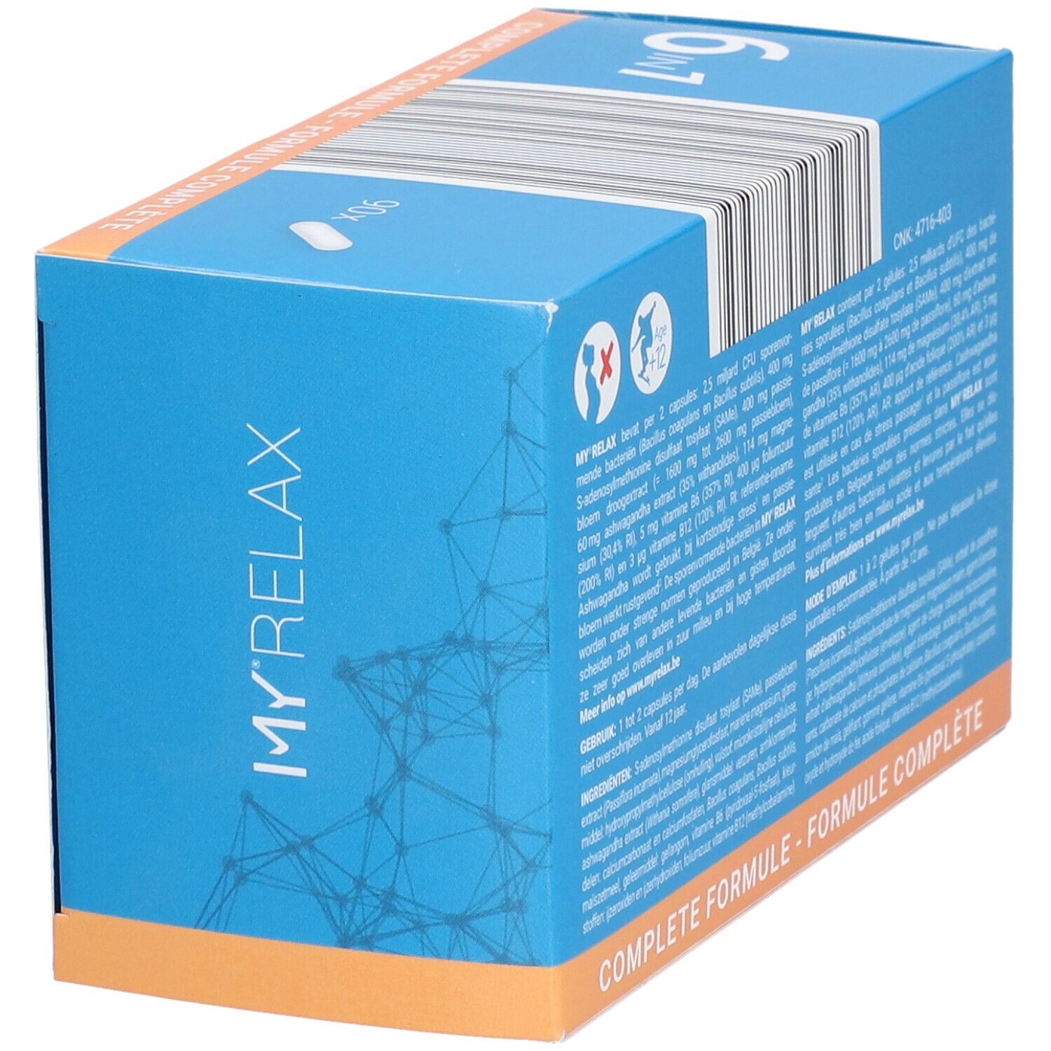 Boîte bleue "MY RELAX" avec texte et 90 gélules. Inscription: "Complete Formule".