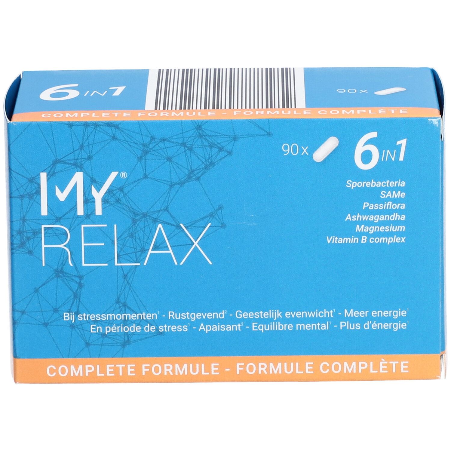 Boîte bleue "MY RELAX" avec 90 gélules et "6 en 1". Inscription: "Complete Formule".